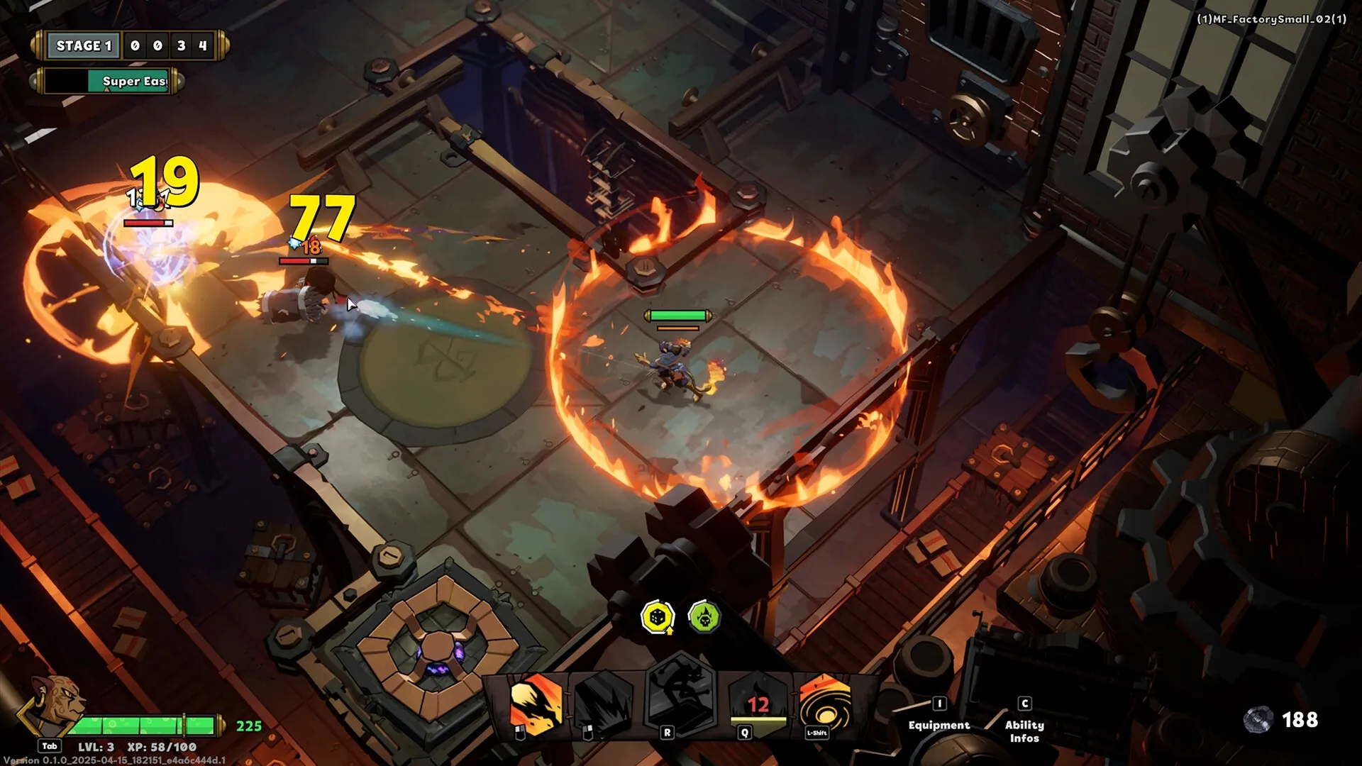 Raiders of Blackveil: Hero casting fire spell in industrial factory with enemies and UI elements visible