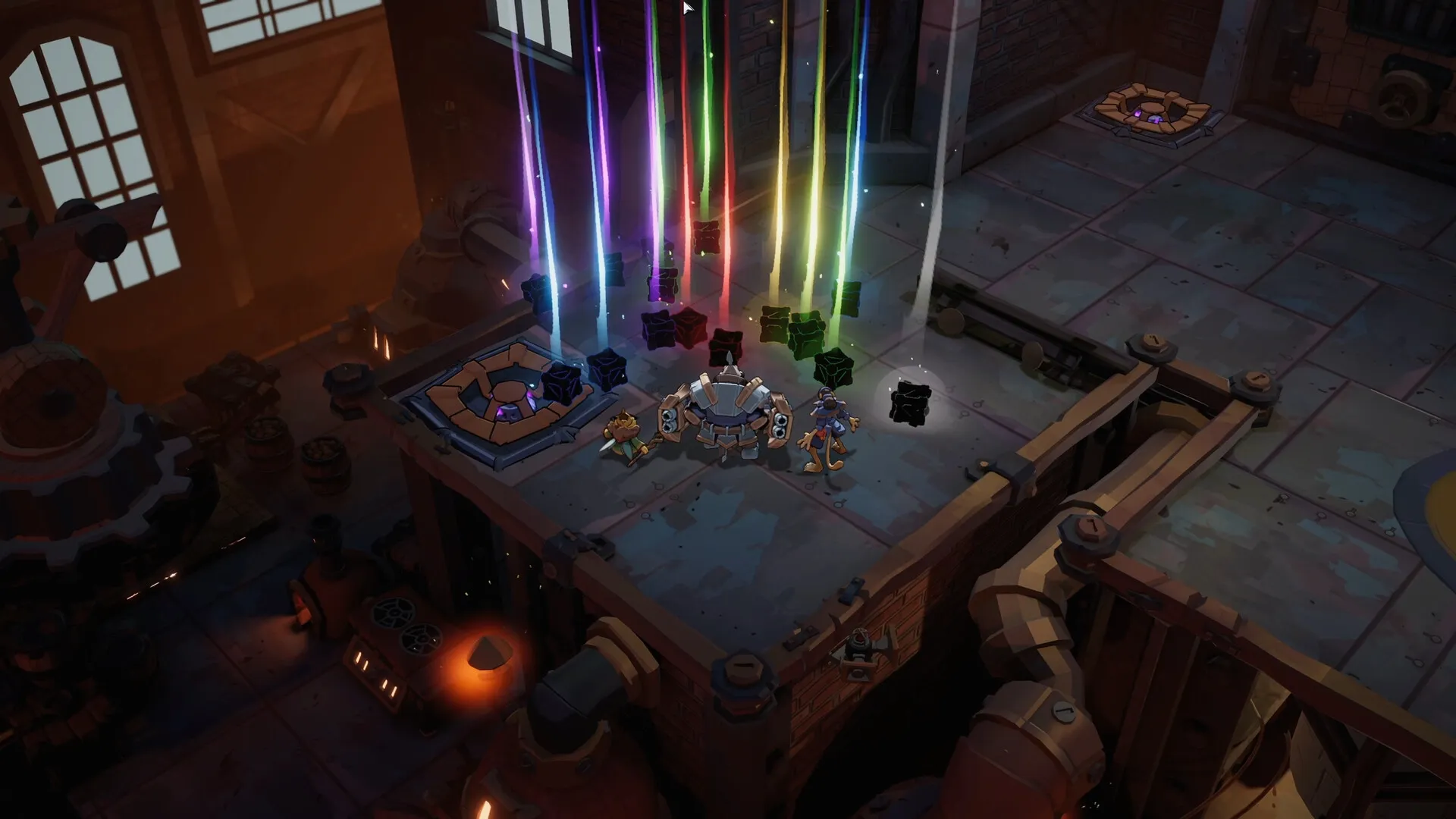 Raiders of Blackveil: Characters collect colorful loot atop a factory rooftop with glowing beams.