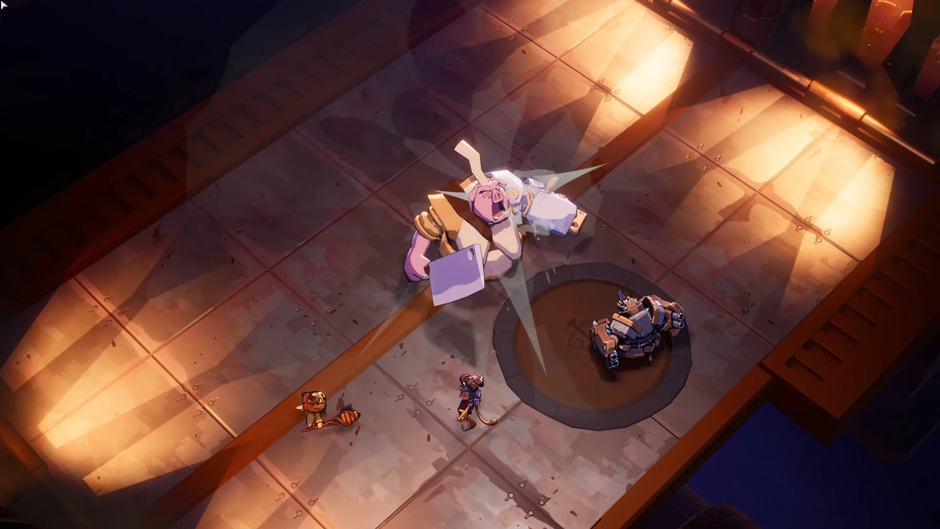 Raiders of Blackveil: Top-down view of characters confronting a giant pig-like creature in a factory setting
