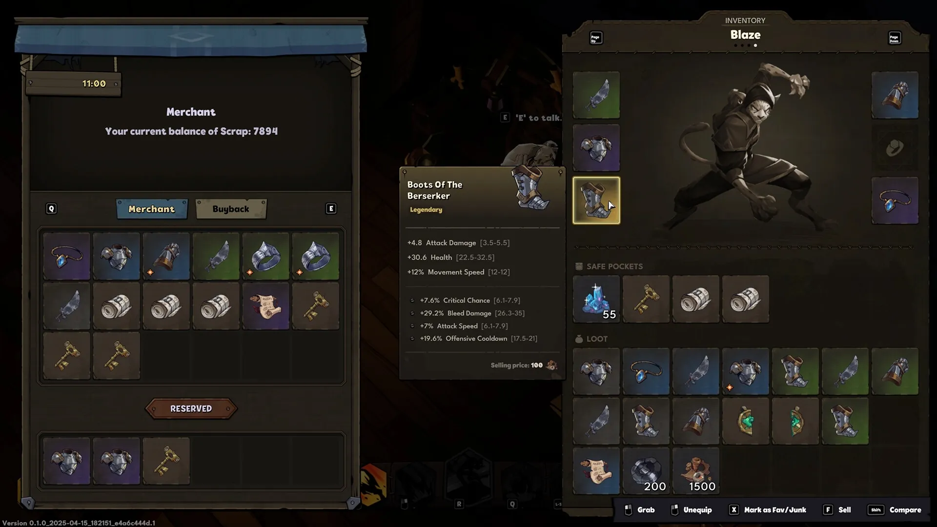 Raiders of Blackveil: Merchant inventory and Blaze's gear selection in the item shop interface