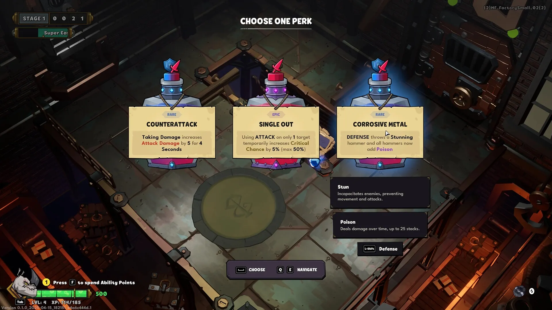 Raiders of Blackveil: Perk selection screen with three options in a dimly lit factory setting.
