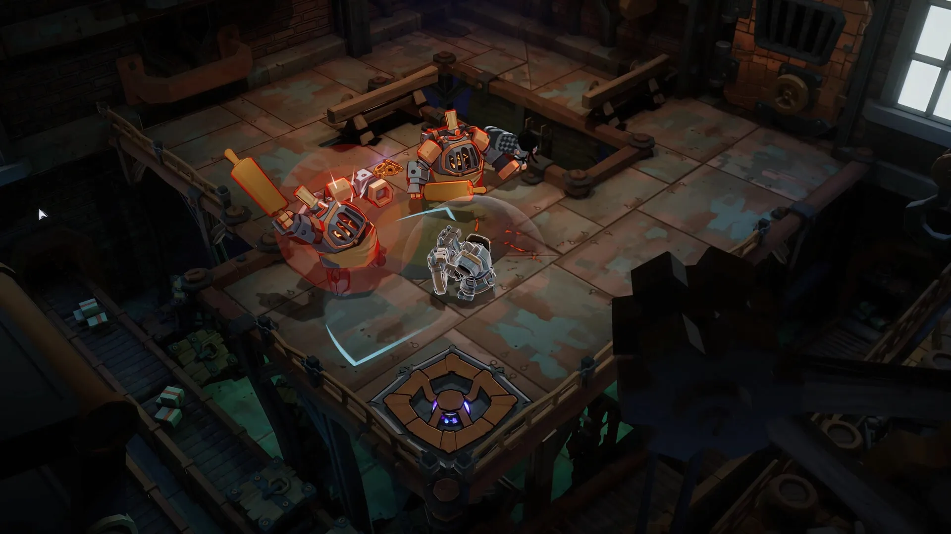 Raiders of Blackveil: Combat with two robots in a dimly lit factory setting with conveyor belts.