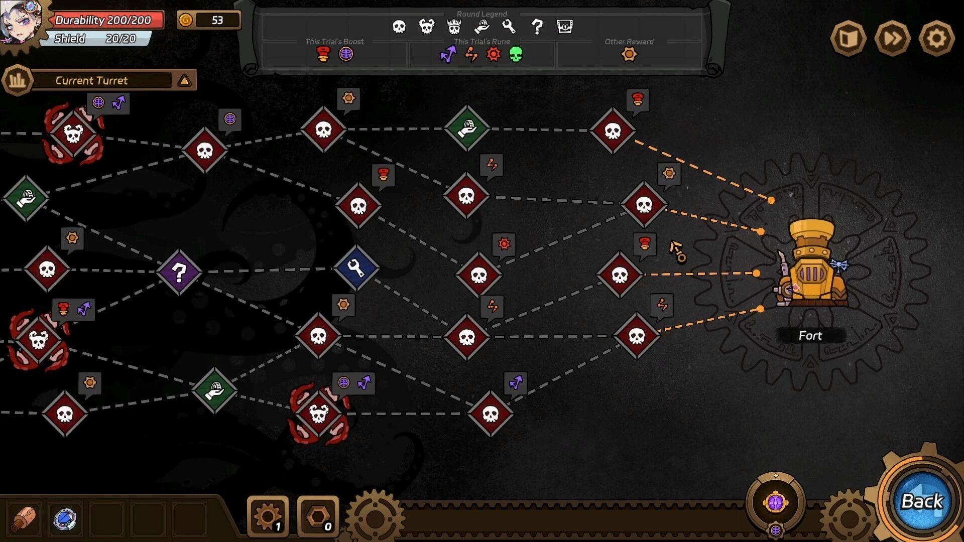 Rail Defense: Strategic turret placement on a branching path map with icons and fort overview