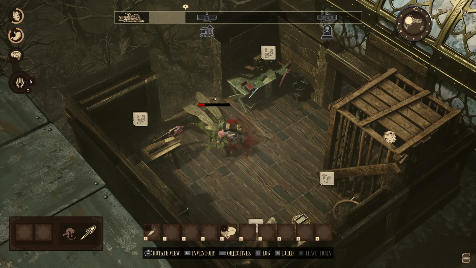 RailGods of Hysterra: Combat with insectoid monster in wooden room, crafting table and caged creature nearby.