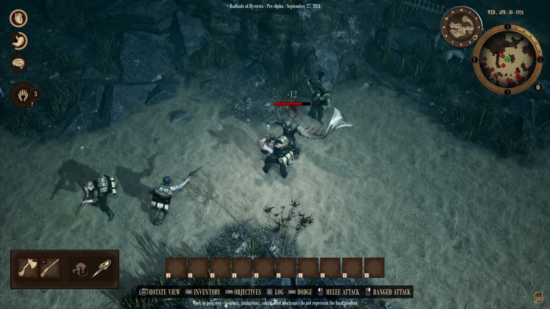 RailGods of Hysterra: Players engage in combat with creatures on a sandy terrain with UI elements visible.
