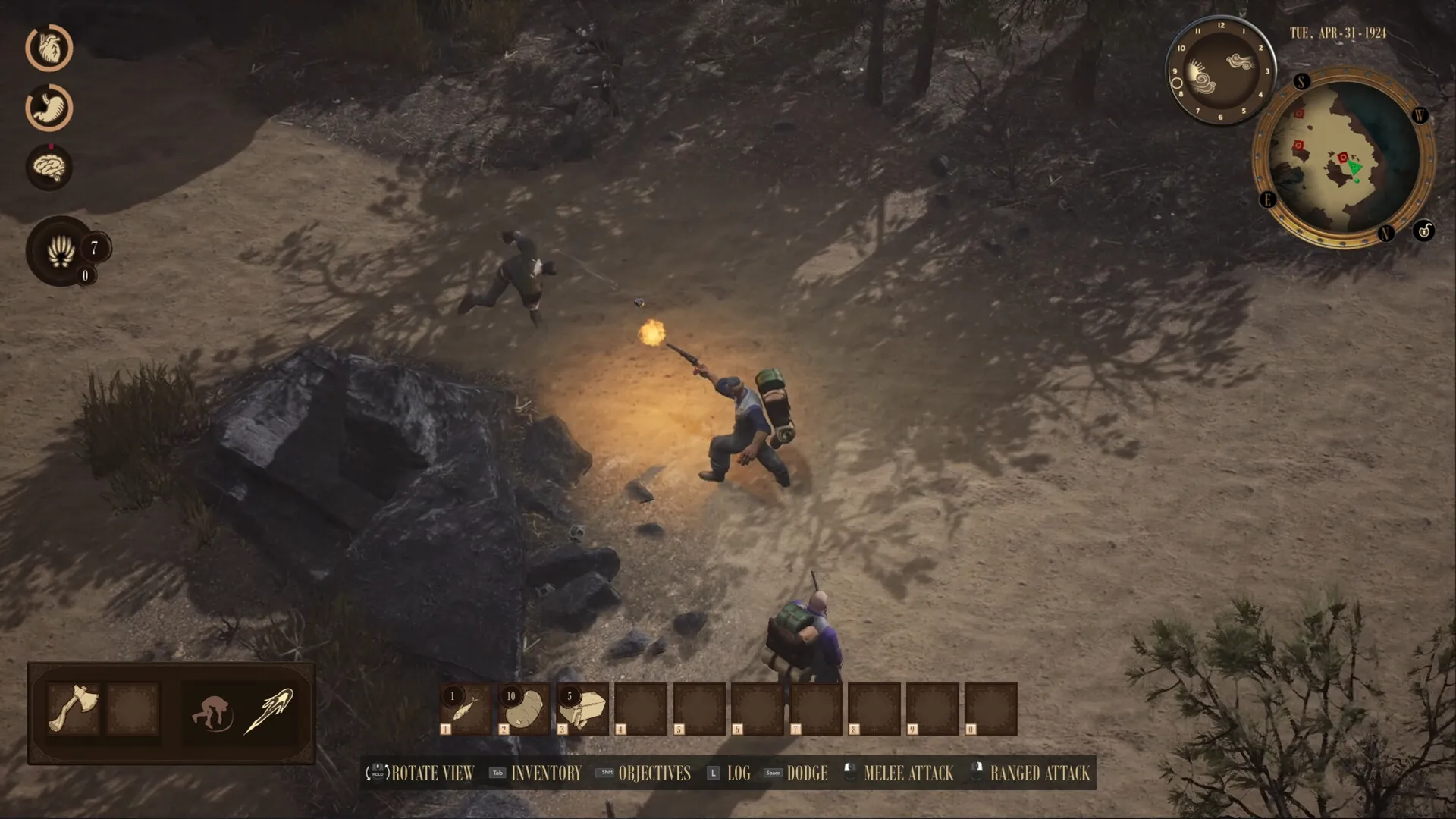 RailGods of Hysterra: Player battles enemy with a fiery weapon in a sandy, shadowy forest environment