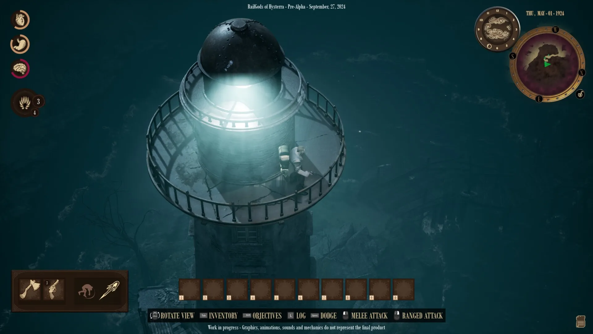 RailGods of Hysterra: Character on lighthouse balcony with glowing light, surrounded by dark landscape