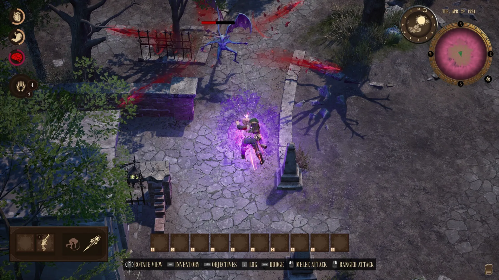 RailGods of Hysterra: Player battles a purple energy creature in a stone path with UI and minimap visible.