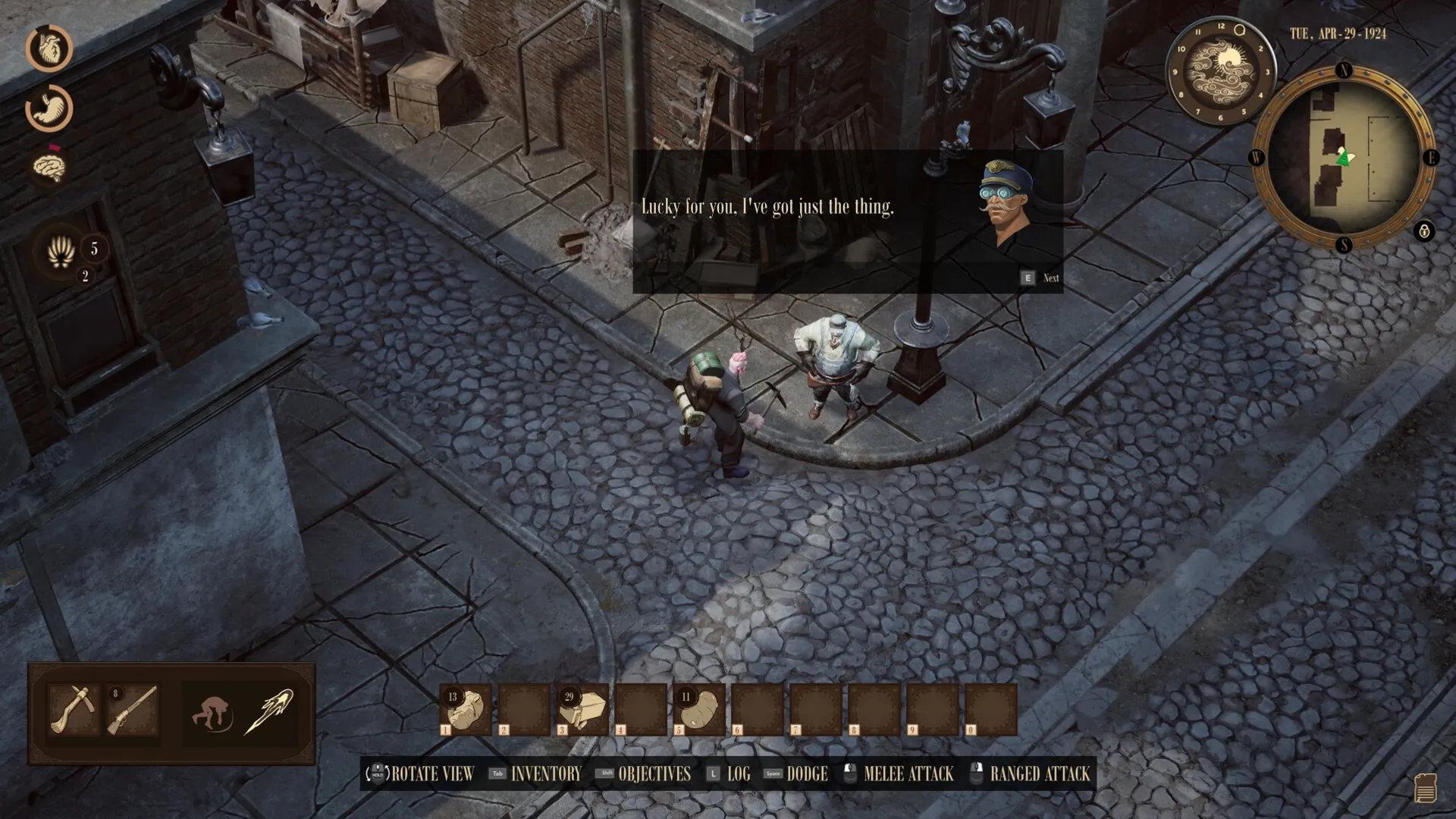 RailGods of Hysterra: Character dialogue scene with inventory display in cobblestone street setting