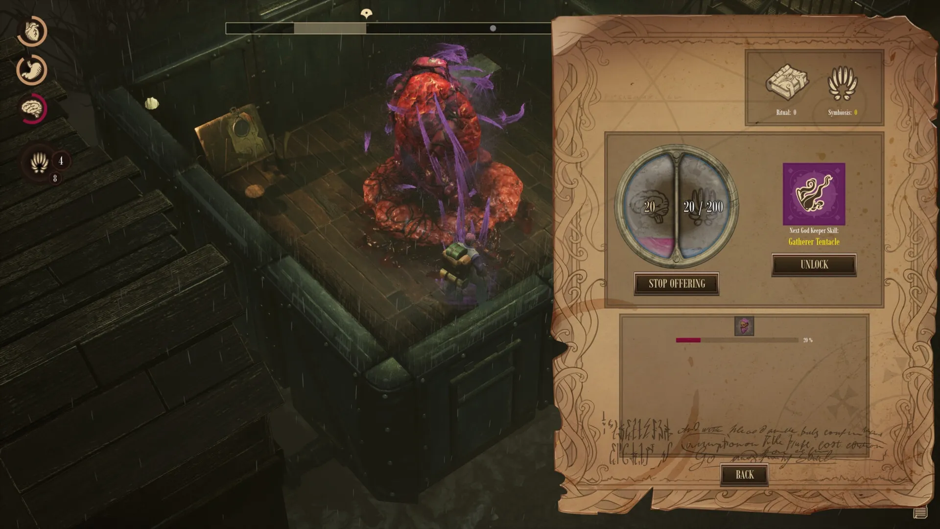 RailGods of Hysterra: Player offering resources to a monstrous entity inside a rain-soaked wooden train car