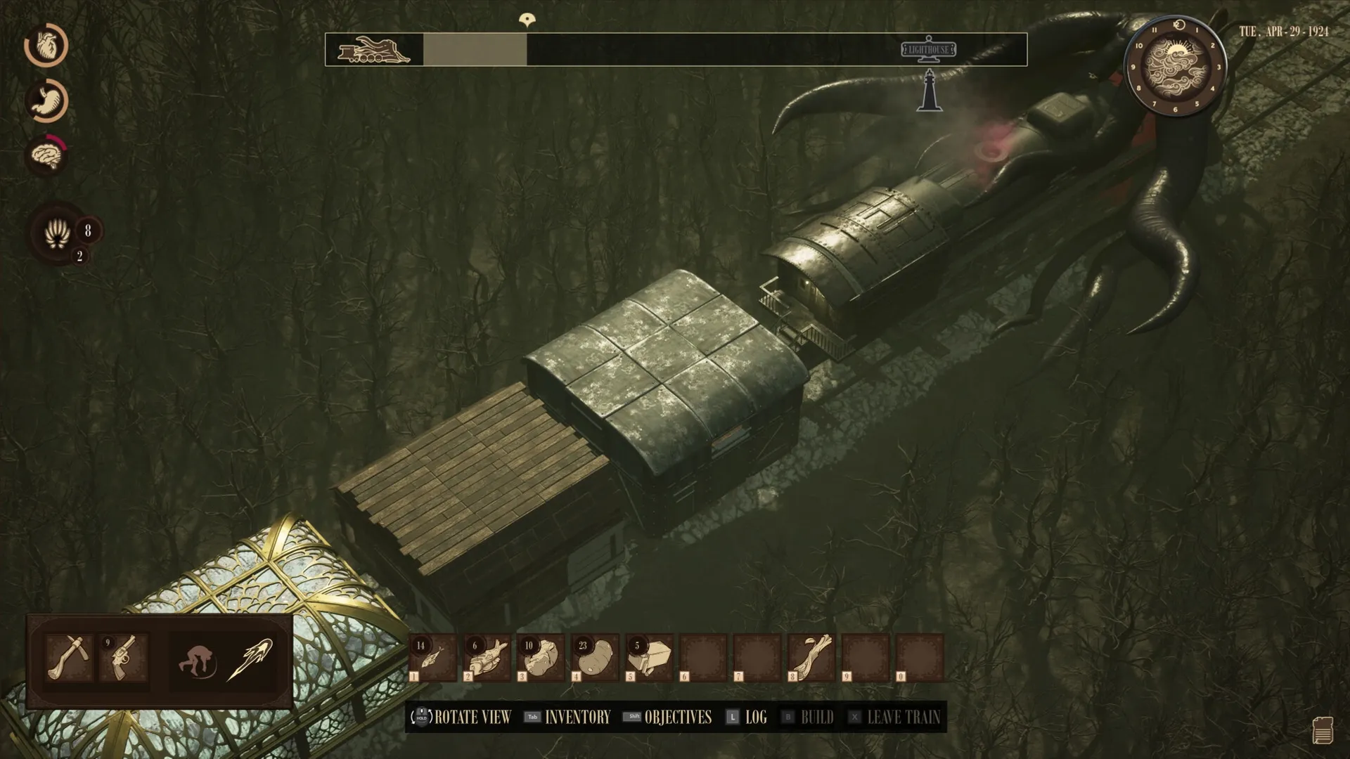 RailGods of Hysterra: Overhead view of monstrous train with tentacles in dark forest environment