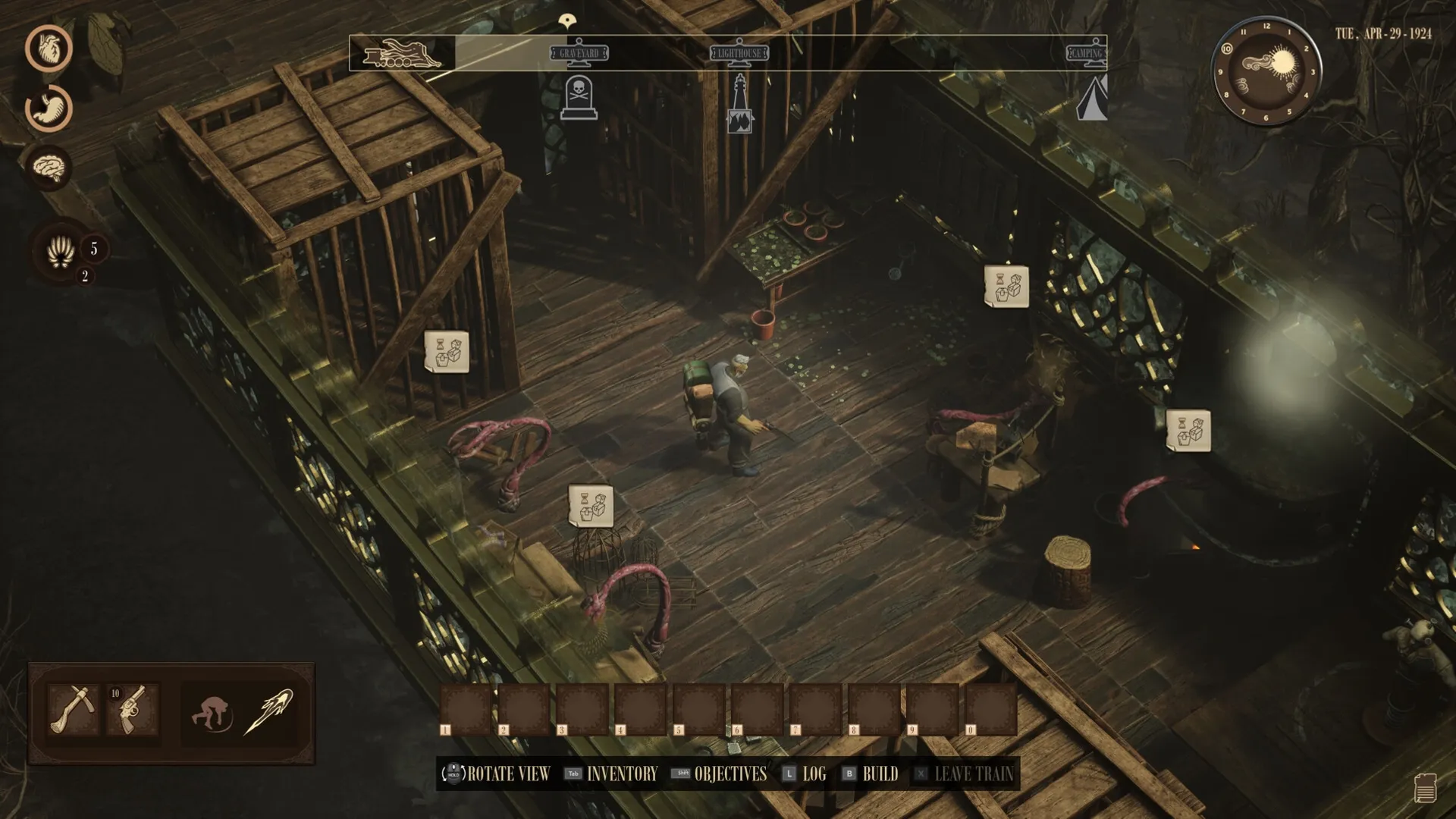 RailGods of Hysterra: Character navigates wooden train interior with crafting stations and tentacles visible.