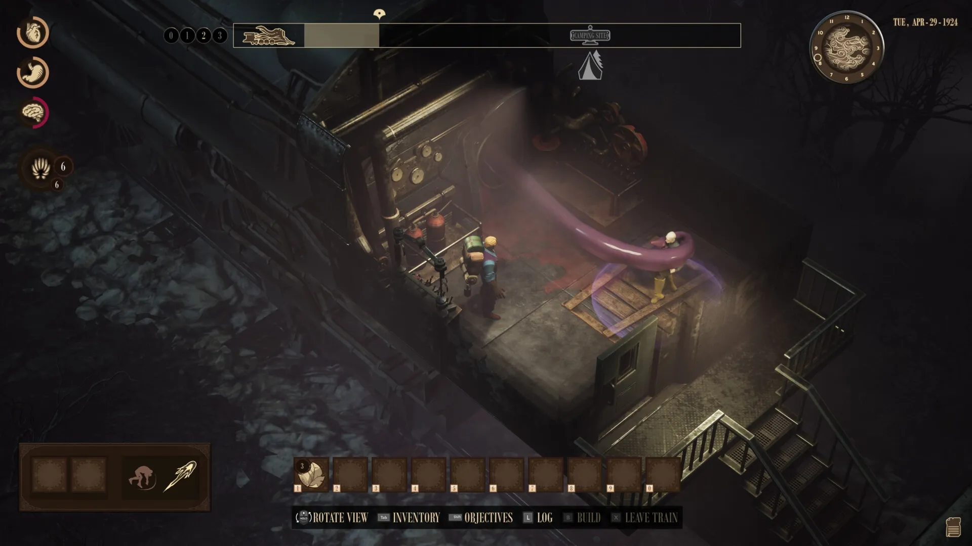 RailGods of Hysterra: Player interacts with controls aboard monstrous train in dark, eerie environment
