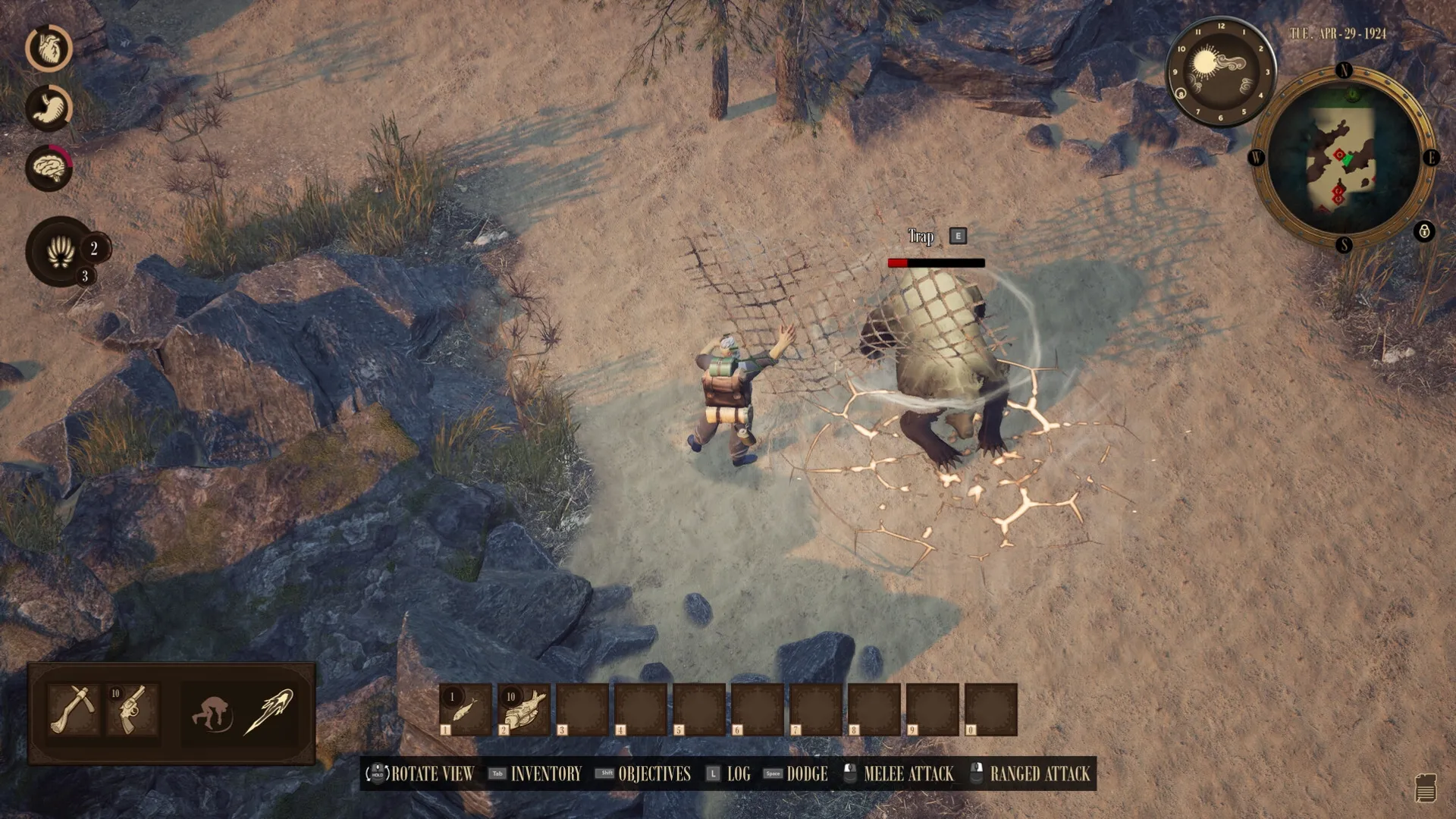 RailGods of Hysterra: Player setting trap for creature on desert terrain with inventory menu visible