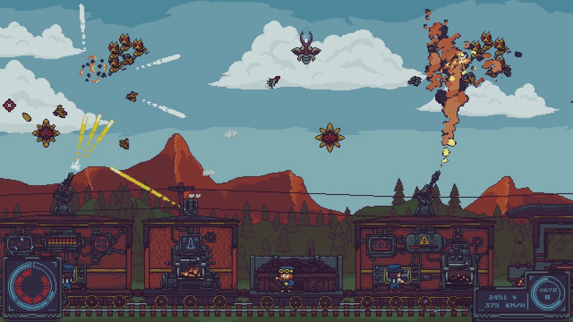 Railpunk Mayhem: Train turrets blast flying drones as crew stands on cars under cloudy mountain sky.