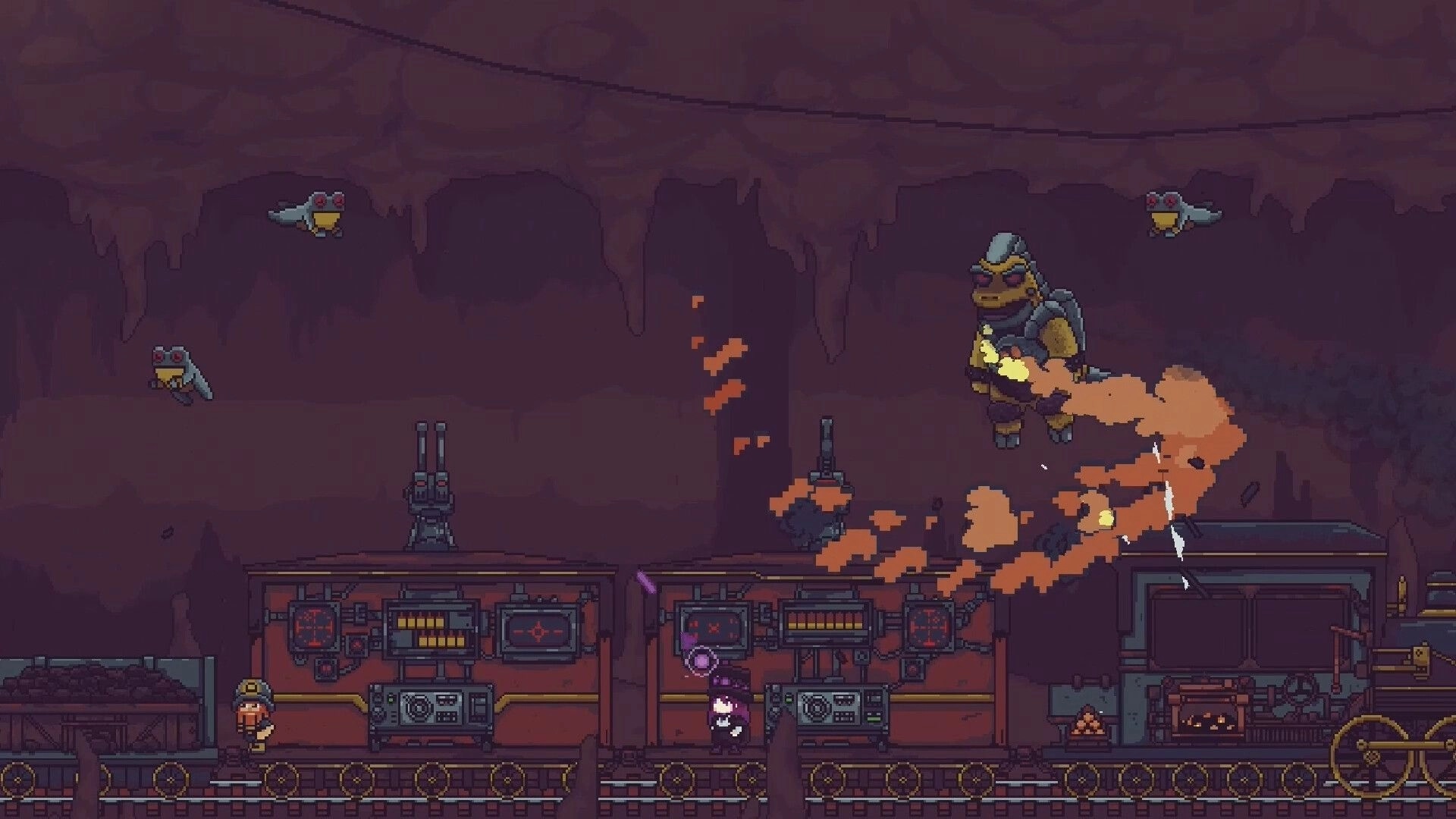 Railpunk Mayhem: Armored boss fires flamethrower at crew on a gadget-filled train in cavern tunnel.