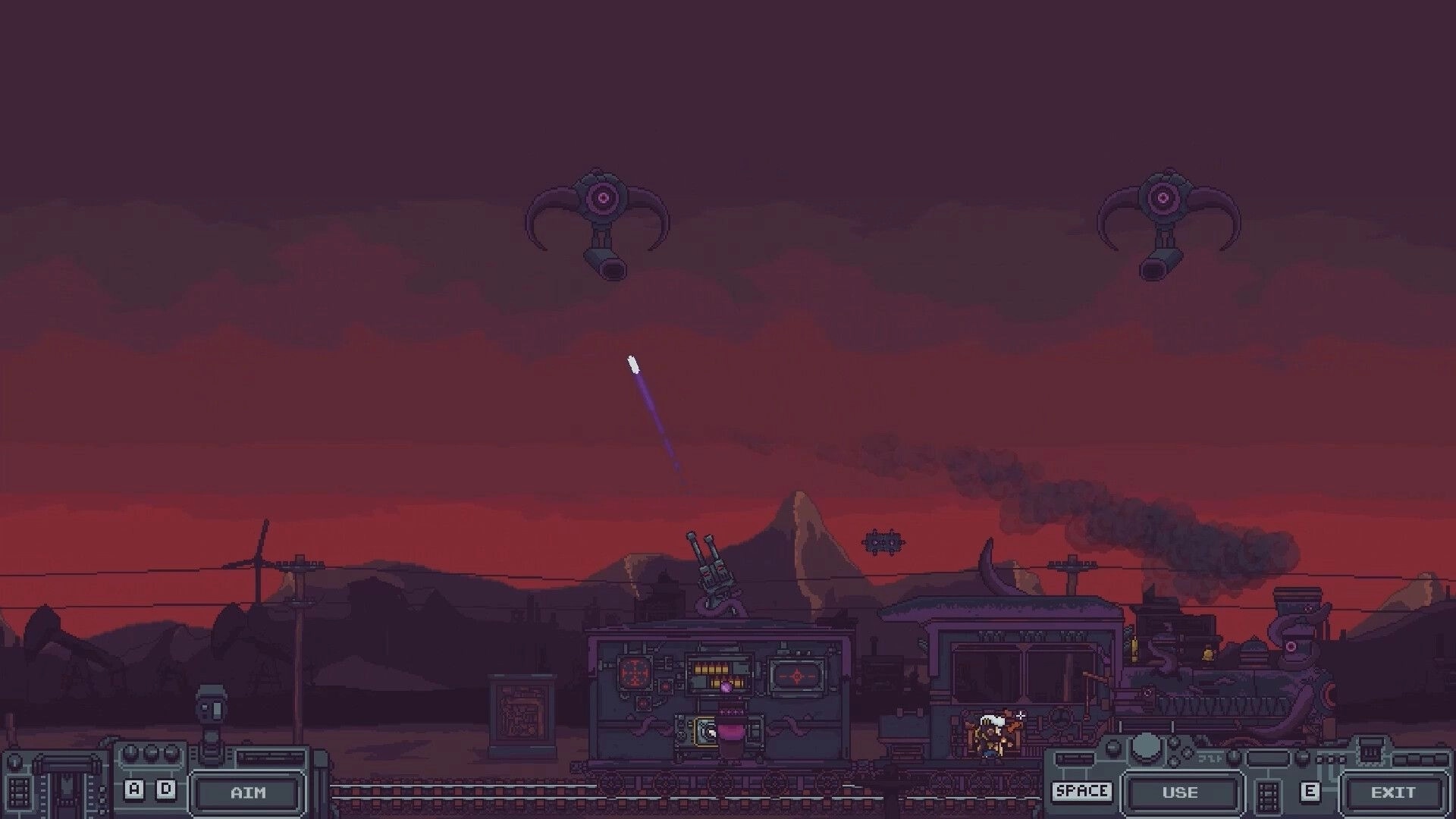 Railpunk Mayhem: Train rooftop defense firing at claw drones under a red sky, with control UI prompts.
