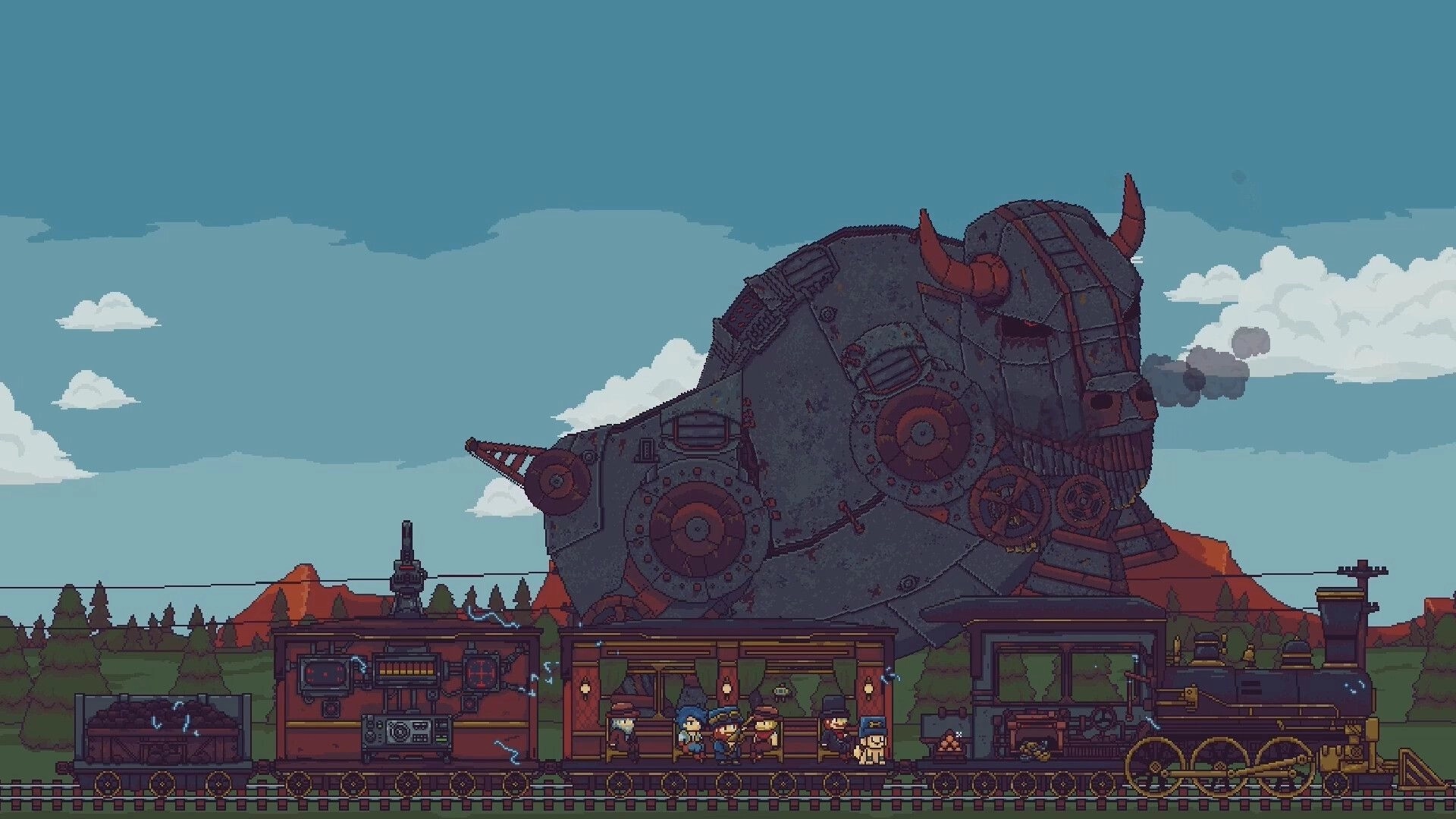 Railpunk Mayhem: Crew rides a steam train past a giant horned metal beast in a desert landscape.