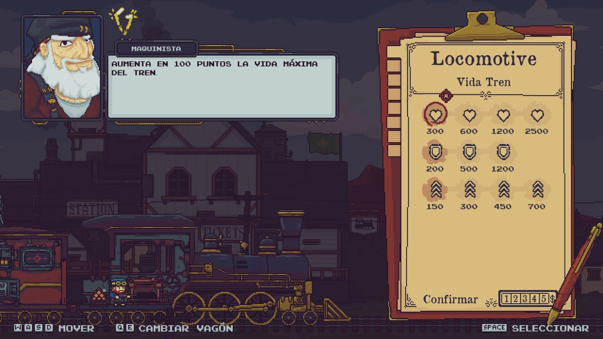 Railpunk Mayhem: Locomotive upgrade menu with engineer portrait and train stats at a station backdrop.
