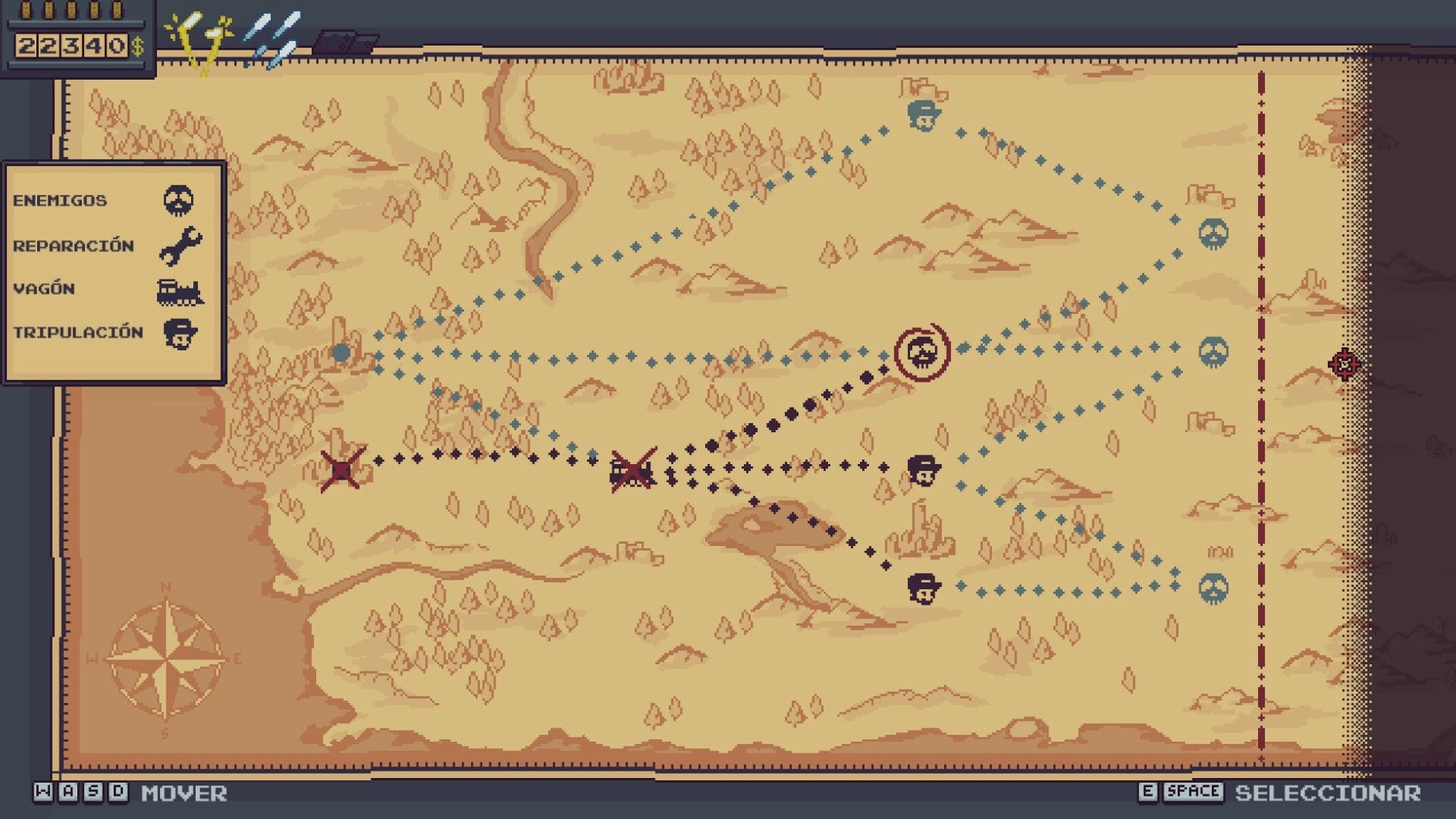 Railpunk Mayhem: Route selection map with dotted paths and event icons across a desert region UI.