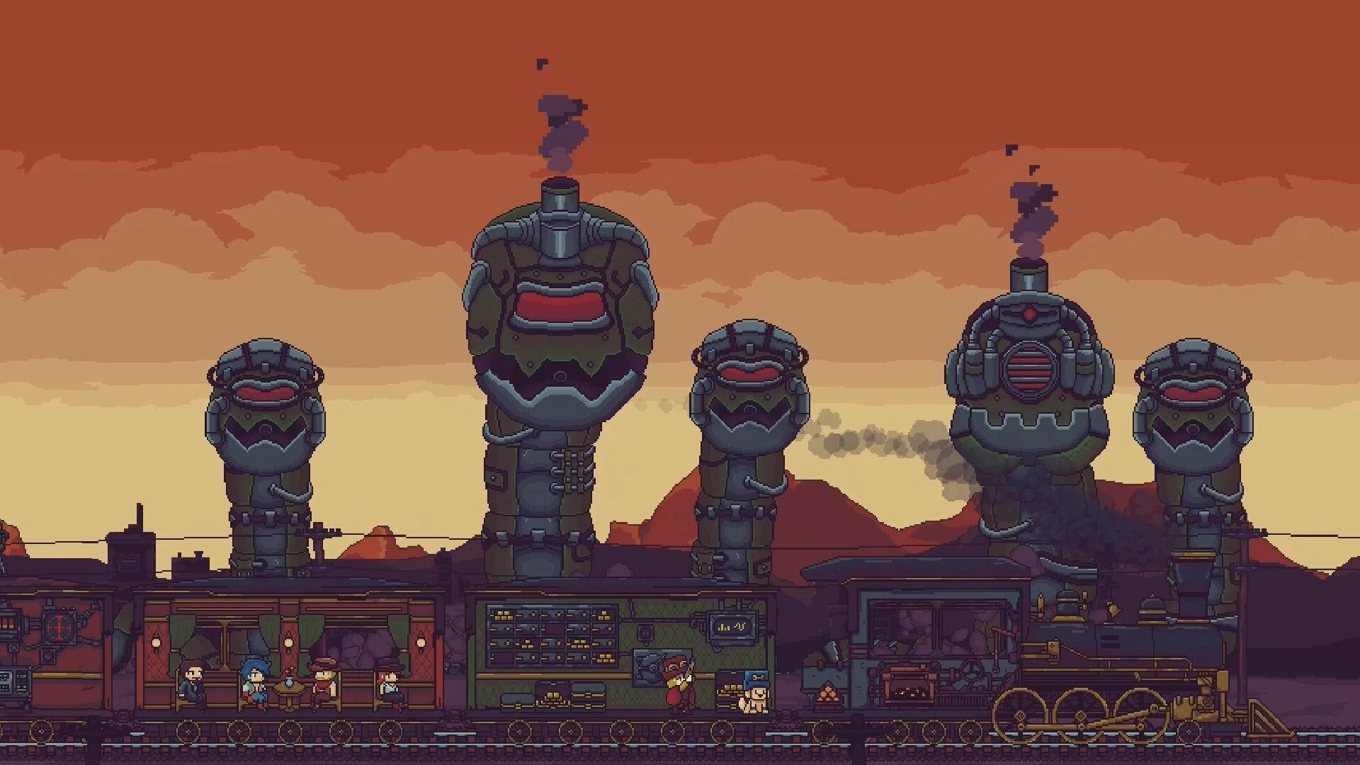 Railpunk Mayhem: Crew inside a side-view armored train with smokestacks in an orange desert sky.
