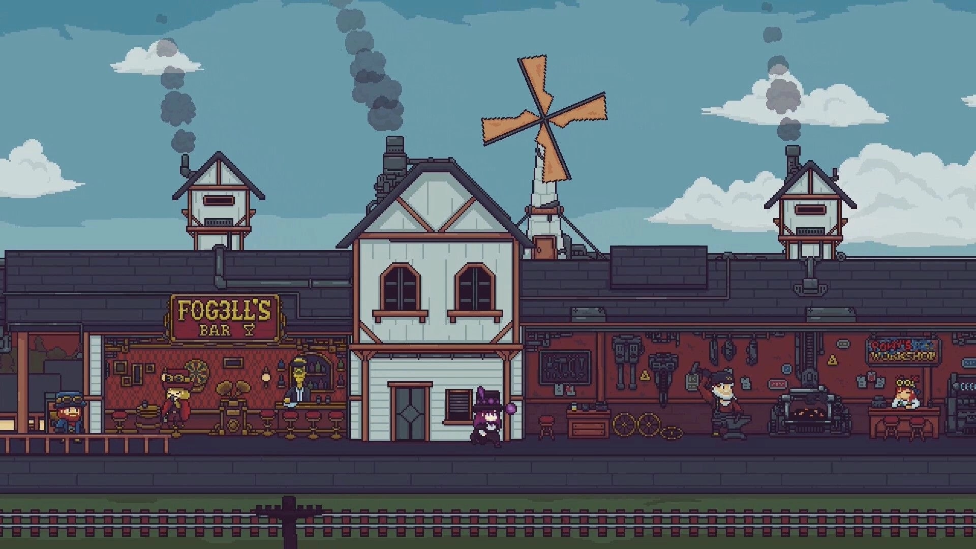 Railpunk Mayhem: Crew walking past Fogall's Bar and workshop inside a side-view train depot car.