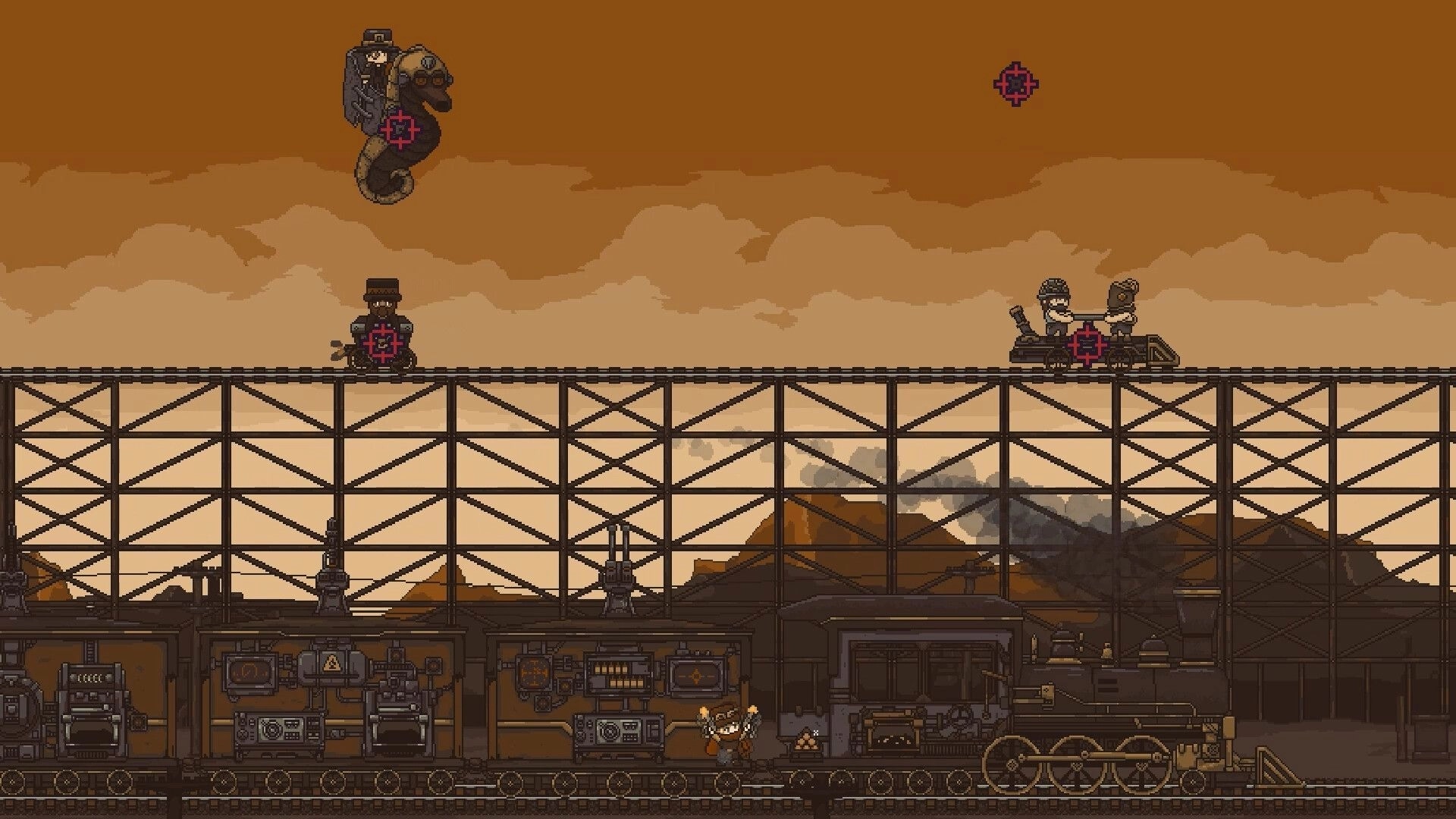 Railpunk Mayhem: Red crosshair targeting enemies on train bridge with crew and steam engine below.