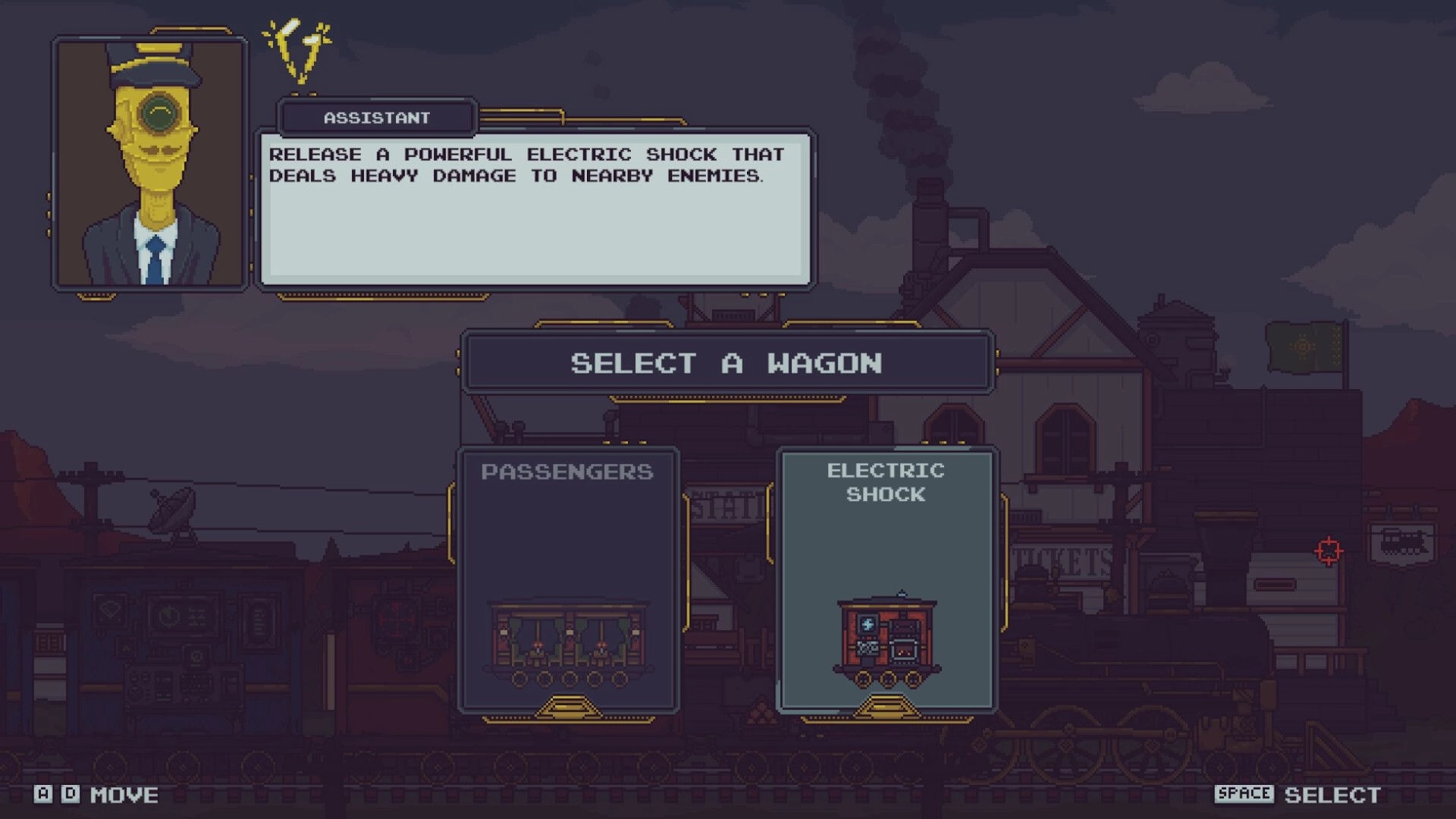Railpunk Mayhem: Select a wagon menu choosing Electric Shock or Passengers on a steam train depot backdrop.