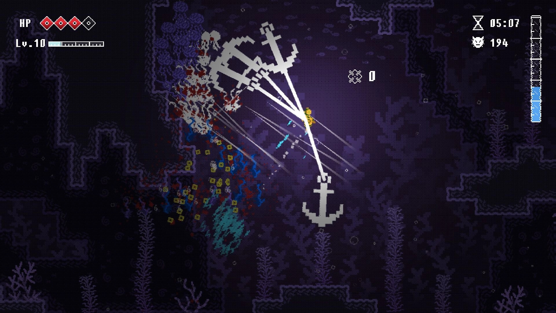Rain of Awakening: Diver slashes a giant anchor weapon underwater cavern, HP and timer UI visible.