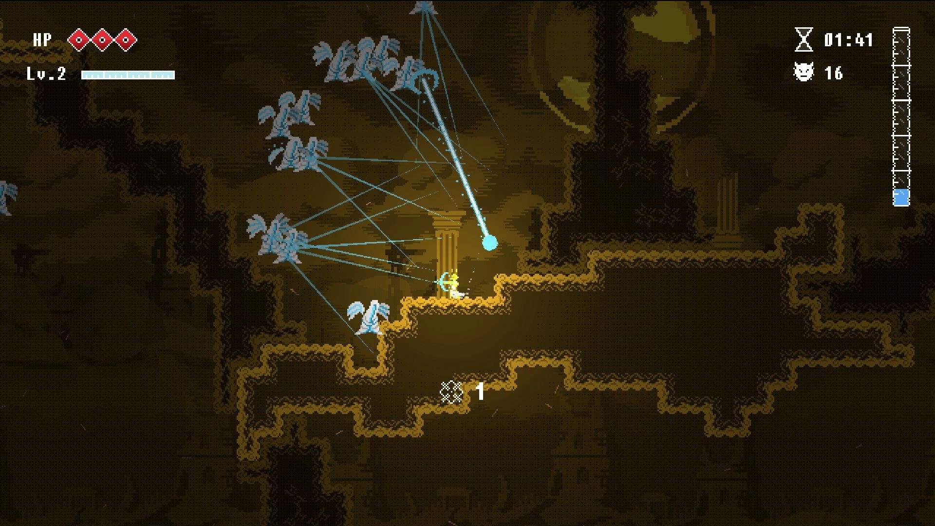 Rain of Awakening: Player fires a blue grappling shot at bat swarms in a dark cave platform maze.