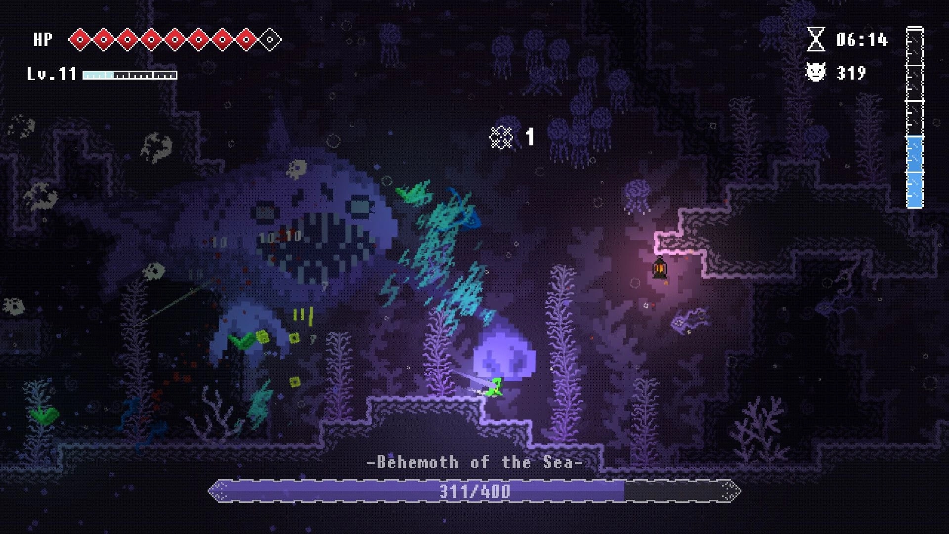 Rain of Awakening: Boss fight vs Behemoth of the Sea in a dark underwater cave with HP bar UI.