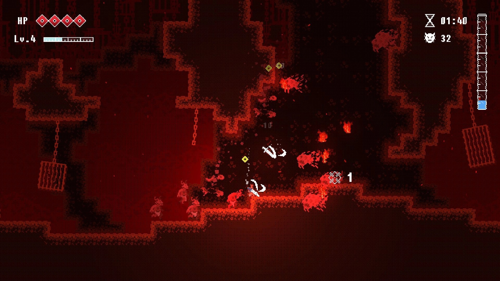 Rain of Awakening: Player slashes red beasts midair in a dark cavern, HP and Lv.4 UI visible.
