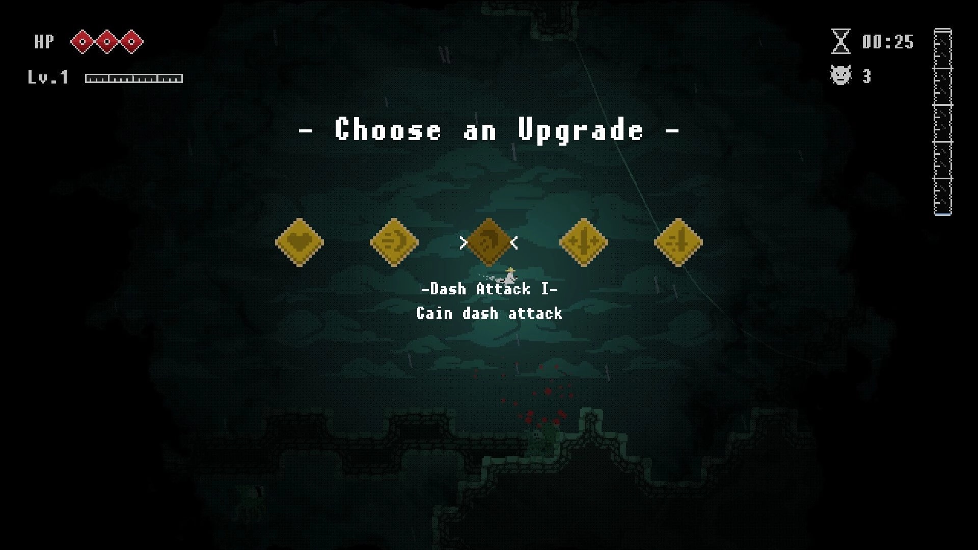 Rain of Awakening: Choose an Upgrade menu highlighting Dash Attack I over a dark rainy cavern arena.