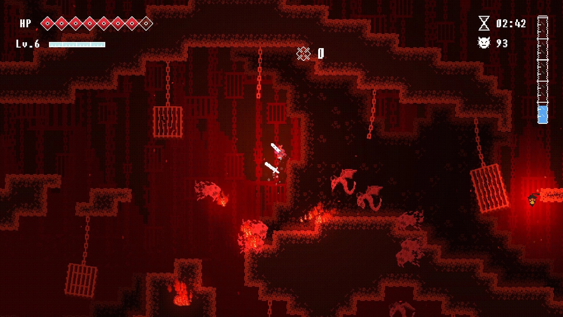 Rain of Awakening: Player slashes midair at bat foes in a red cavern with HP, Lv.6, timer UI.