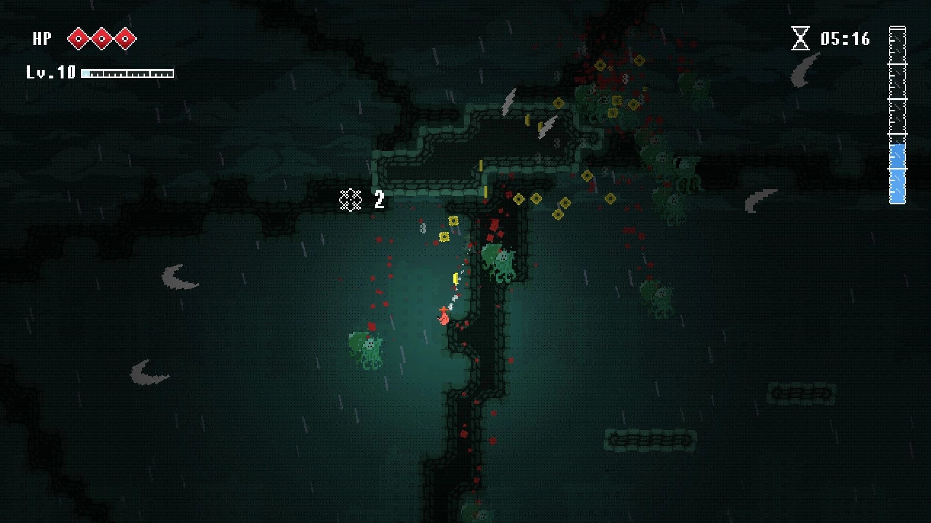Rain of Awakening: Level 10 hero slashes green tentacled foes on rainy stone platforms, timer UI visible.