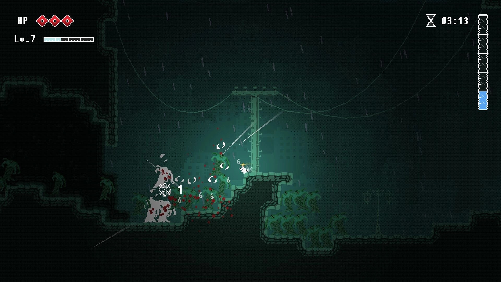 Rain of Awakening: Player slashes a monster in rainy ruins, HP hearts, Lv.7 bar, timer UI visible.