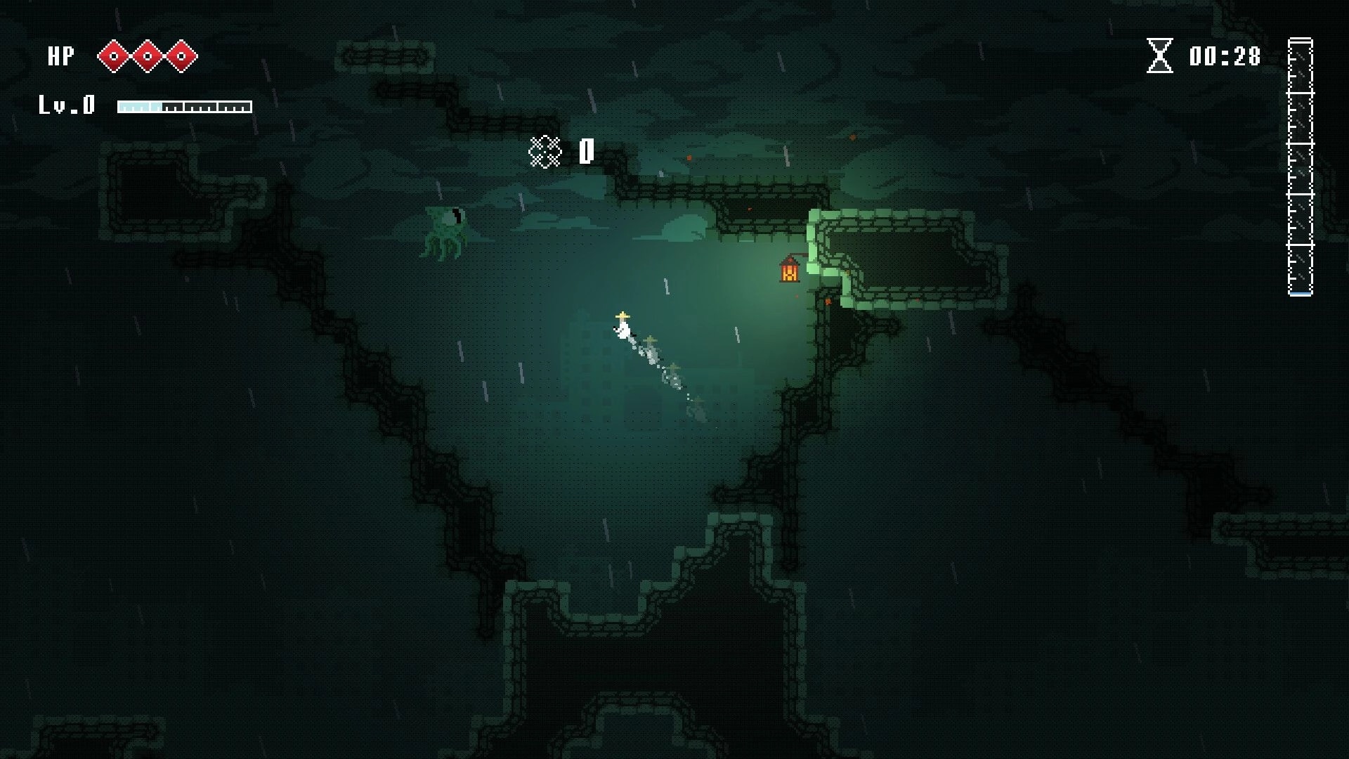 Rain of Awakening: Dashing character leaves a trail in rainy stone ruins, HP hearts and timer UI visible.