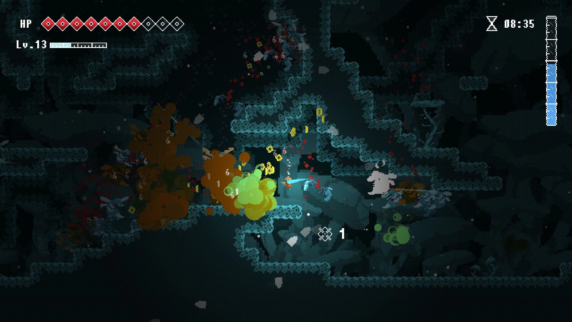 Rain of Awakening: Player slashes foes amid explosions and coins in a dark cave, HP and timer UI visible.