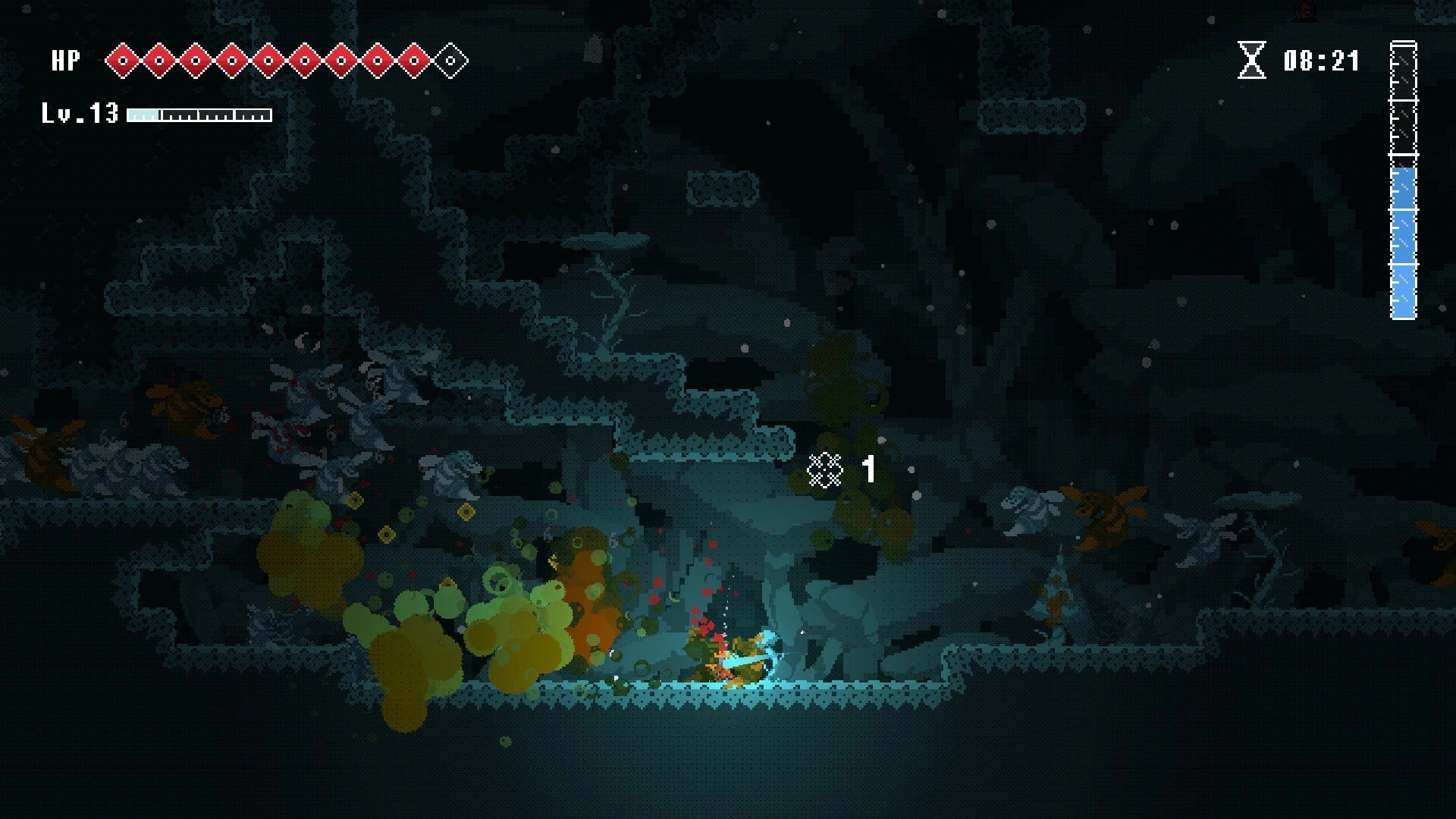 Rain of Awakening: Player slashes amid poison bursts in a dark cavern, HP hearts and Lv.13 UI visible.