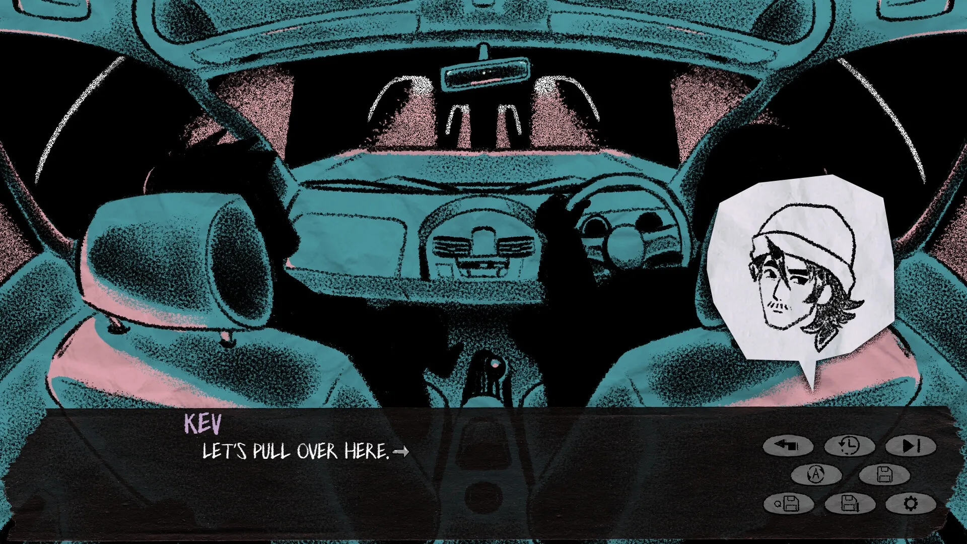 RAKKA: Kev in car interior suggests pulling over; speech bubble and dialogue options visible.