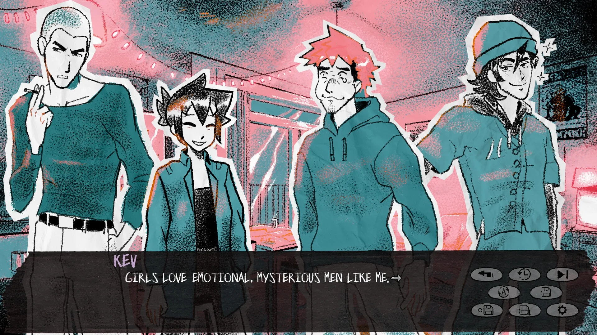 RAKKA: Kev and friends in a lounge with dialogue box and interface buttons at the bottom