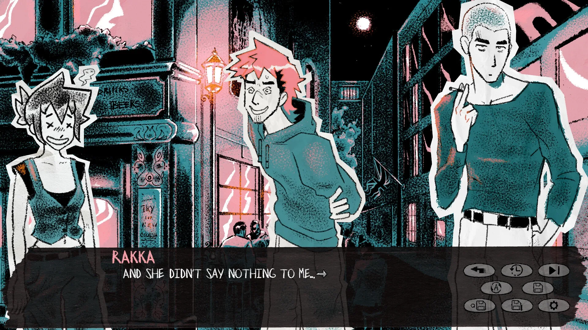 RAKKA: Three characters standing outside a bar at night with dialogue box and menu icons visible.