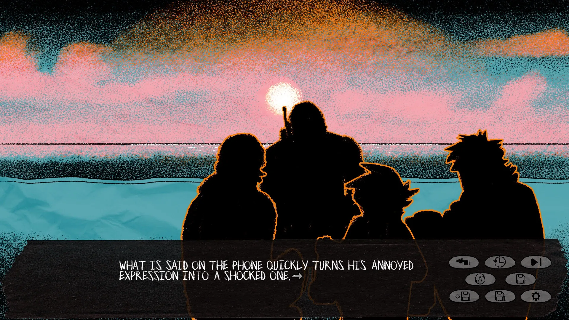 RAKKA: Silhouetted characters converse by the sea at sunset, dialogue box with shocked reaction text visible.