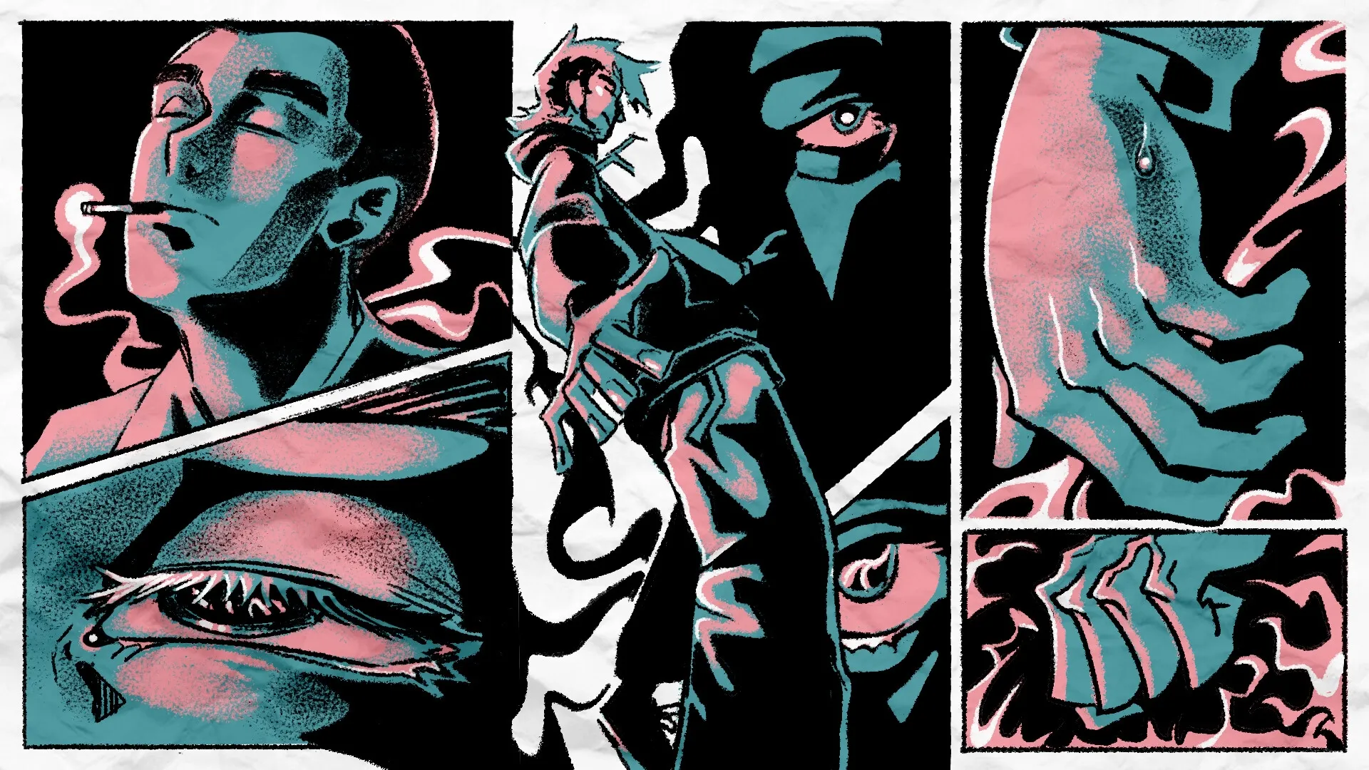 RAKKA: Stylized characters with cigarette, intense eyes, and hands in abstract paper-cut comic panels.