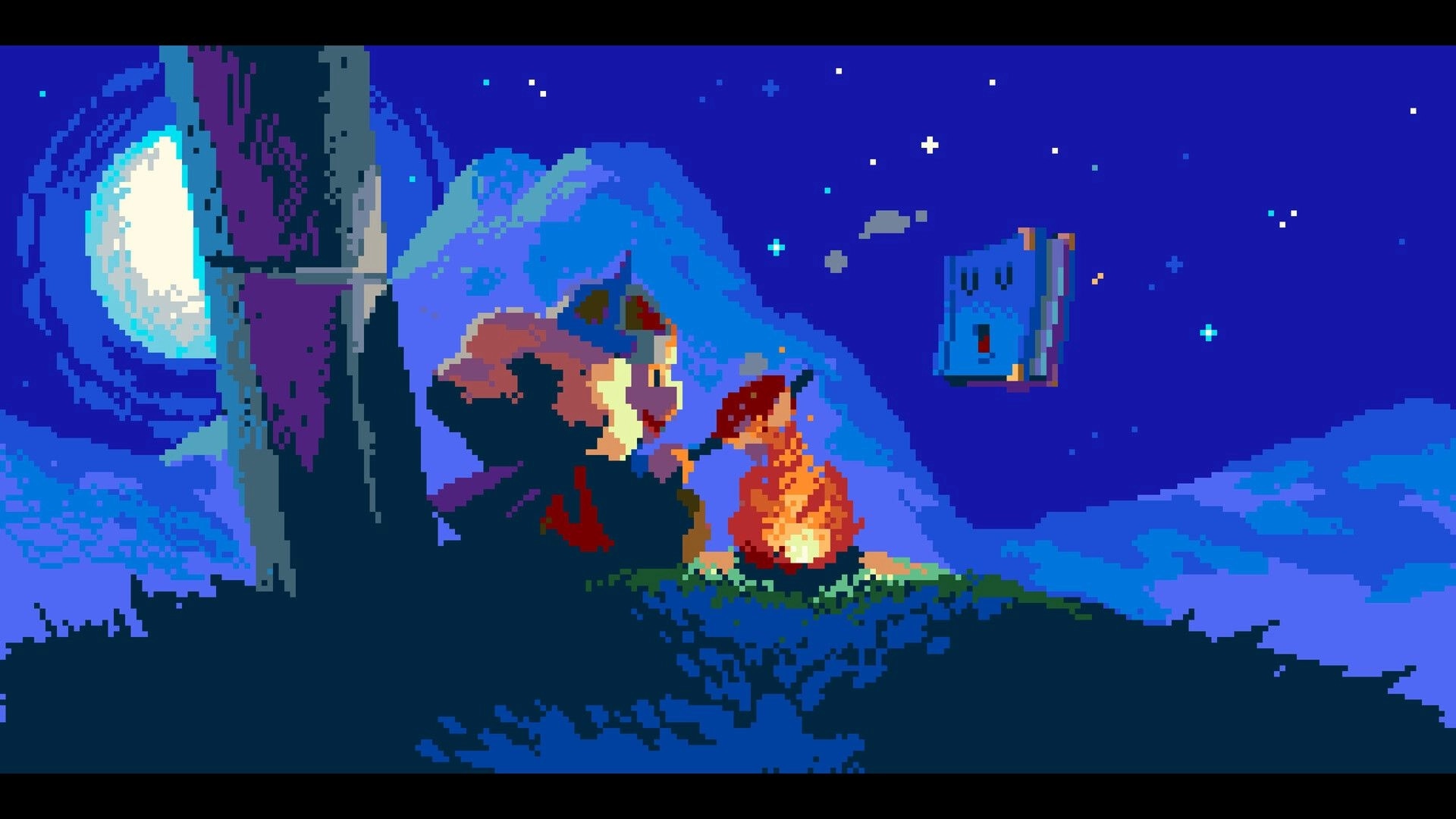 Randel’s Quest: Hooded traveler by a campfire with a floating book under a starry night sky.