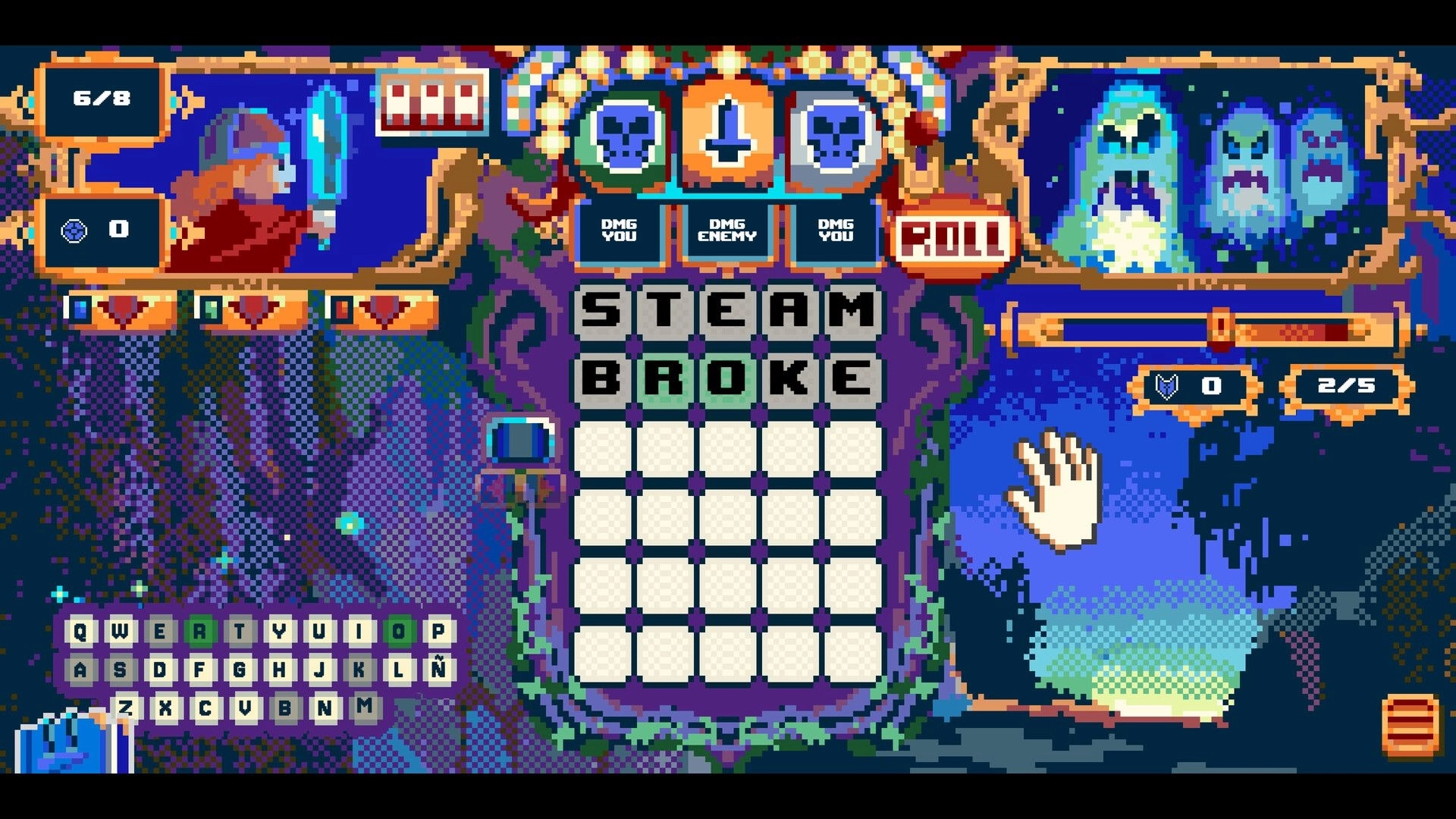 Randel’s Quest: Word grid battle with STEAM and BROKE, roll slots vs three ghosts in dark cave UI.