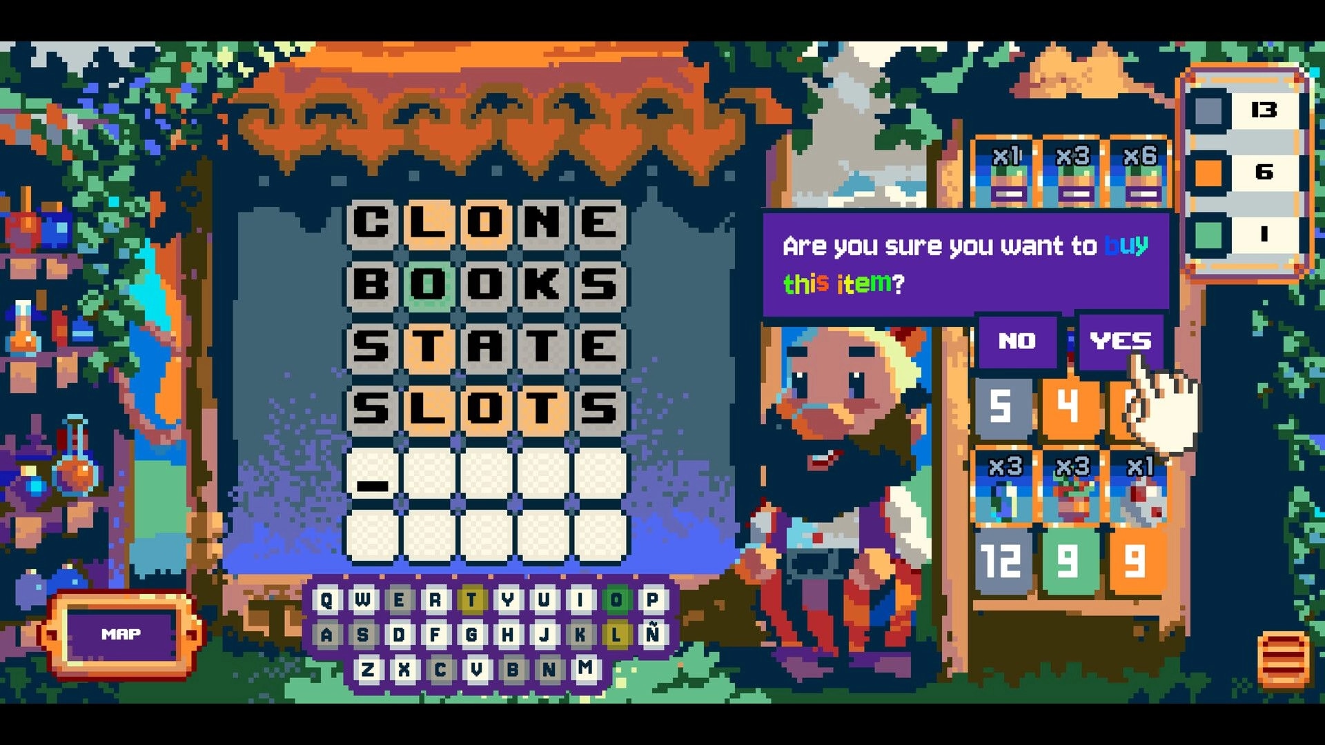 Randel’s Quest: Shop buy confirmation beside word grid and keyboard UI in a colorful forest camp scene.