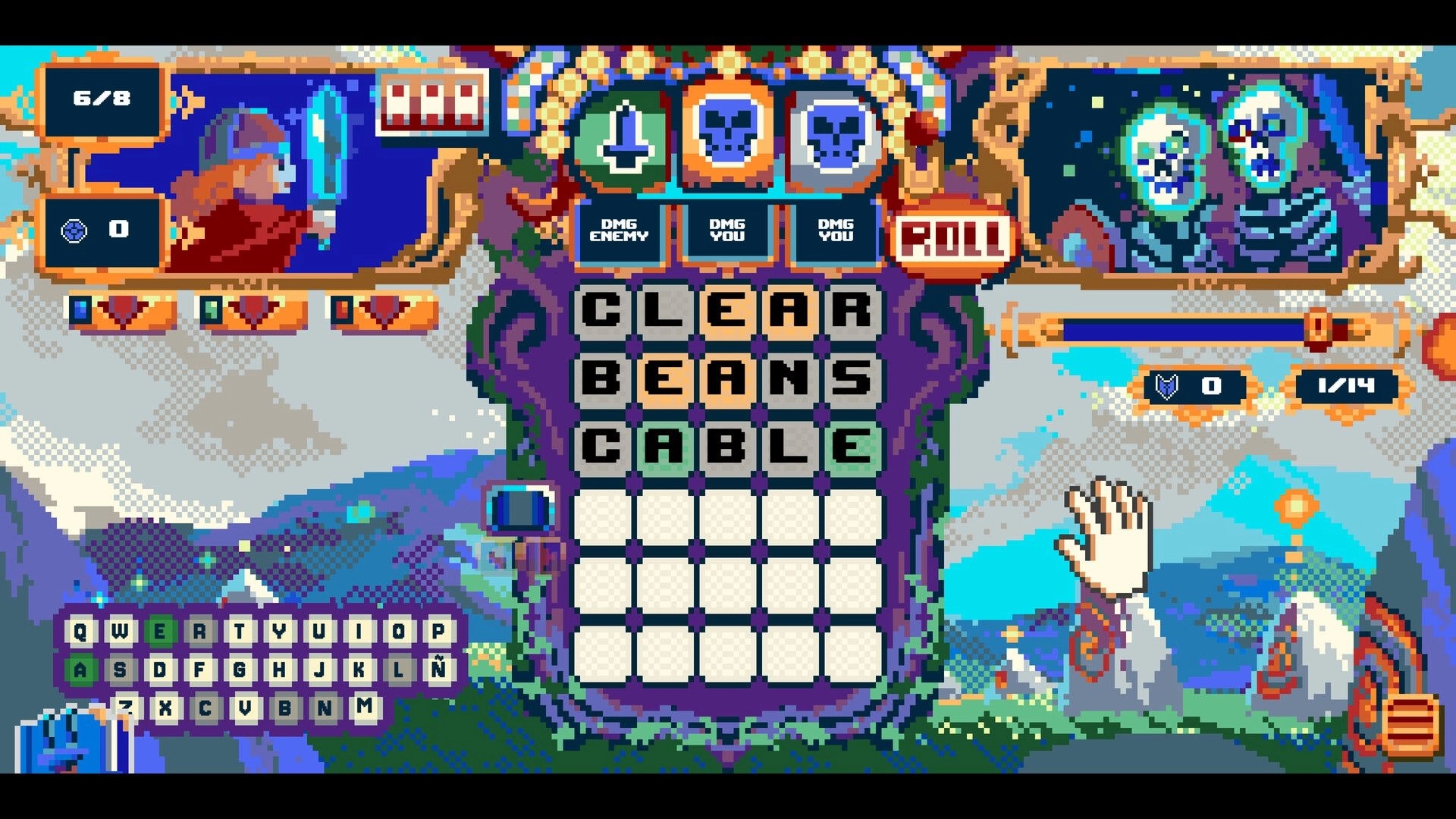 Randel’s Quest: Word grid battle with sword hero vs skeletons, roll slots and health bars in ruins.