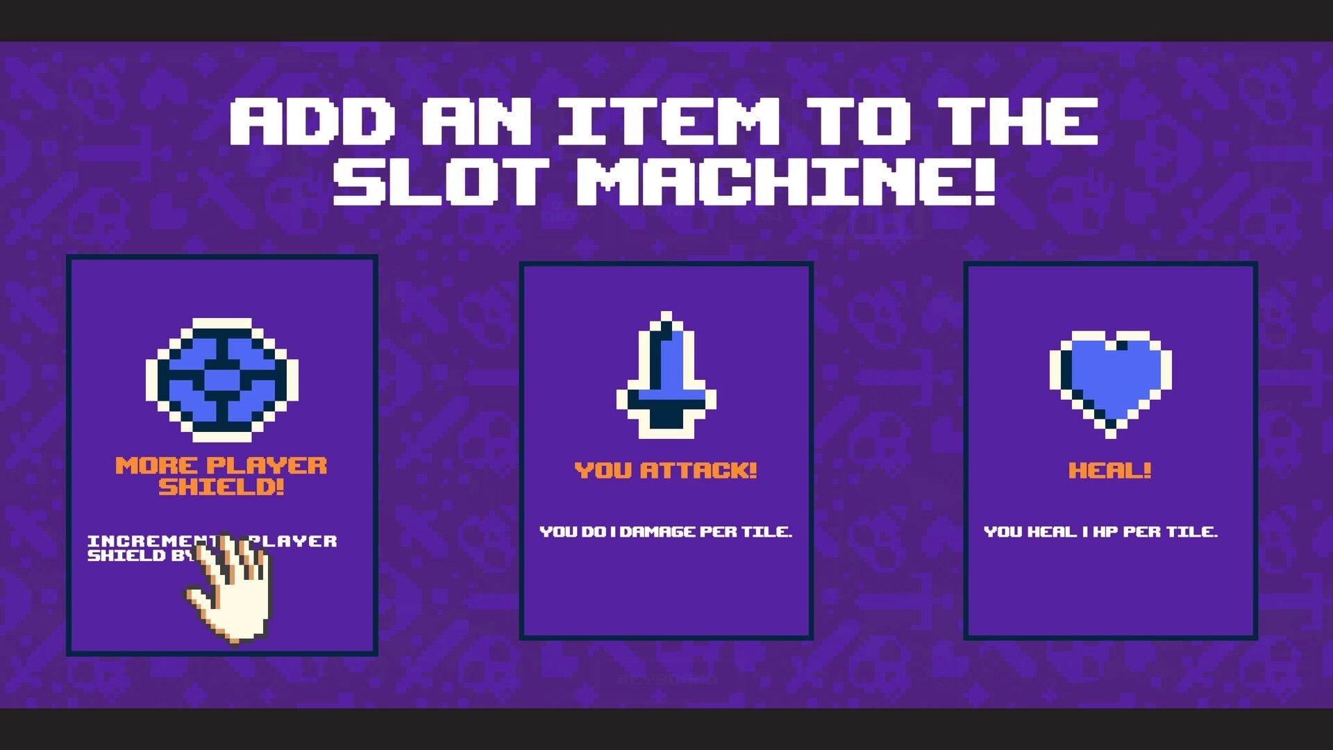 Randel’s Quest: Slot machine item choice screen with shield, attack sword, and heal heart on purple UI.