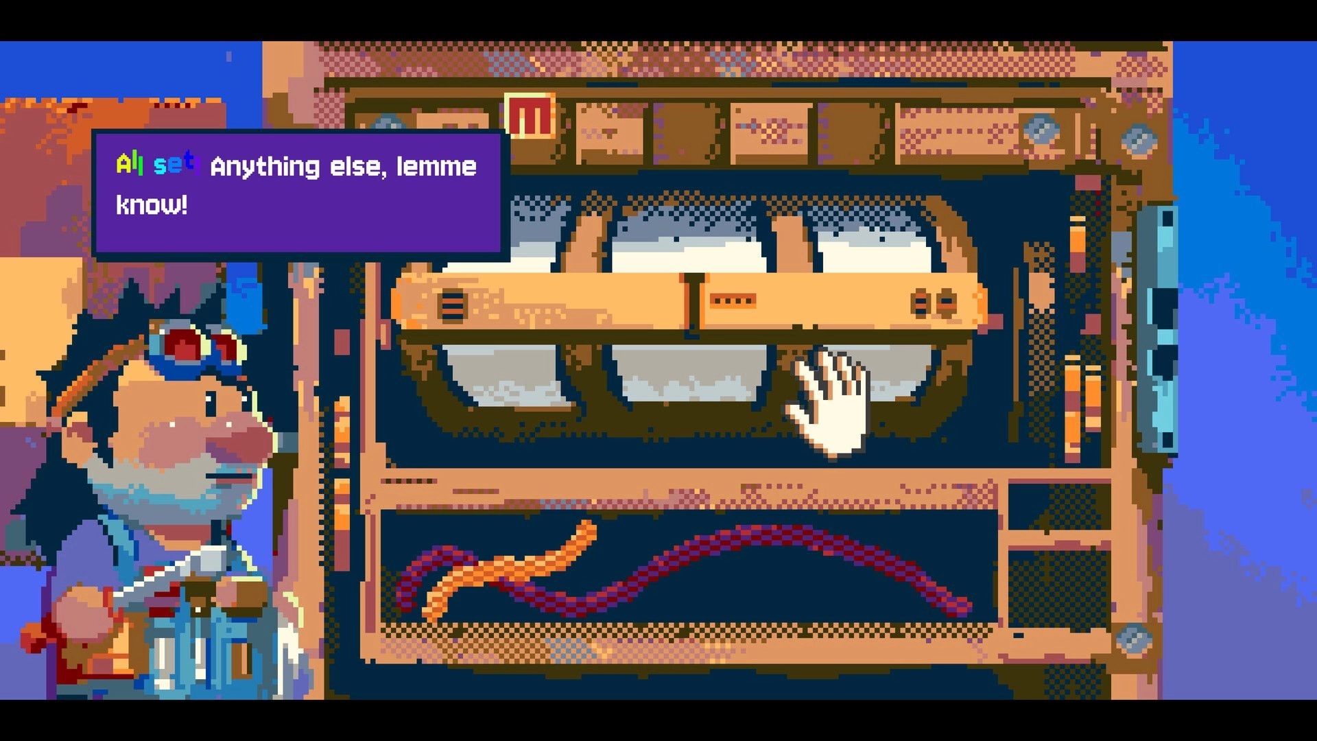 Randel’s Quest: NPC dialogue box beside a slot machine UI with hand cursor in pixel workshop scene.
